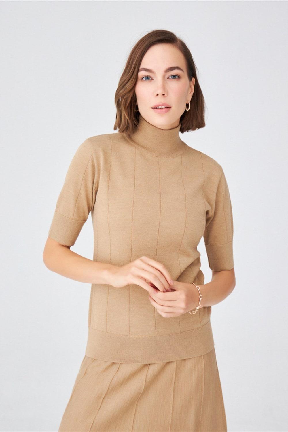 Peraluna-Balıkçı Yaka Kısa Kollu İnce Basic Kadın Triko Bluz-Top-9-Milagron.com