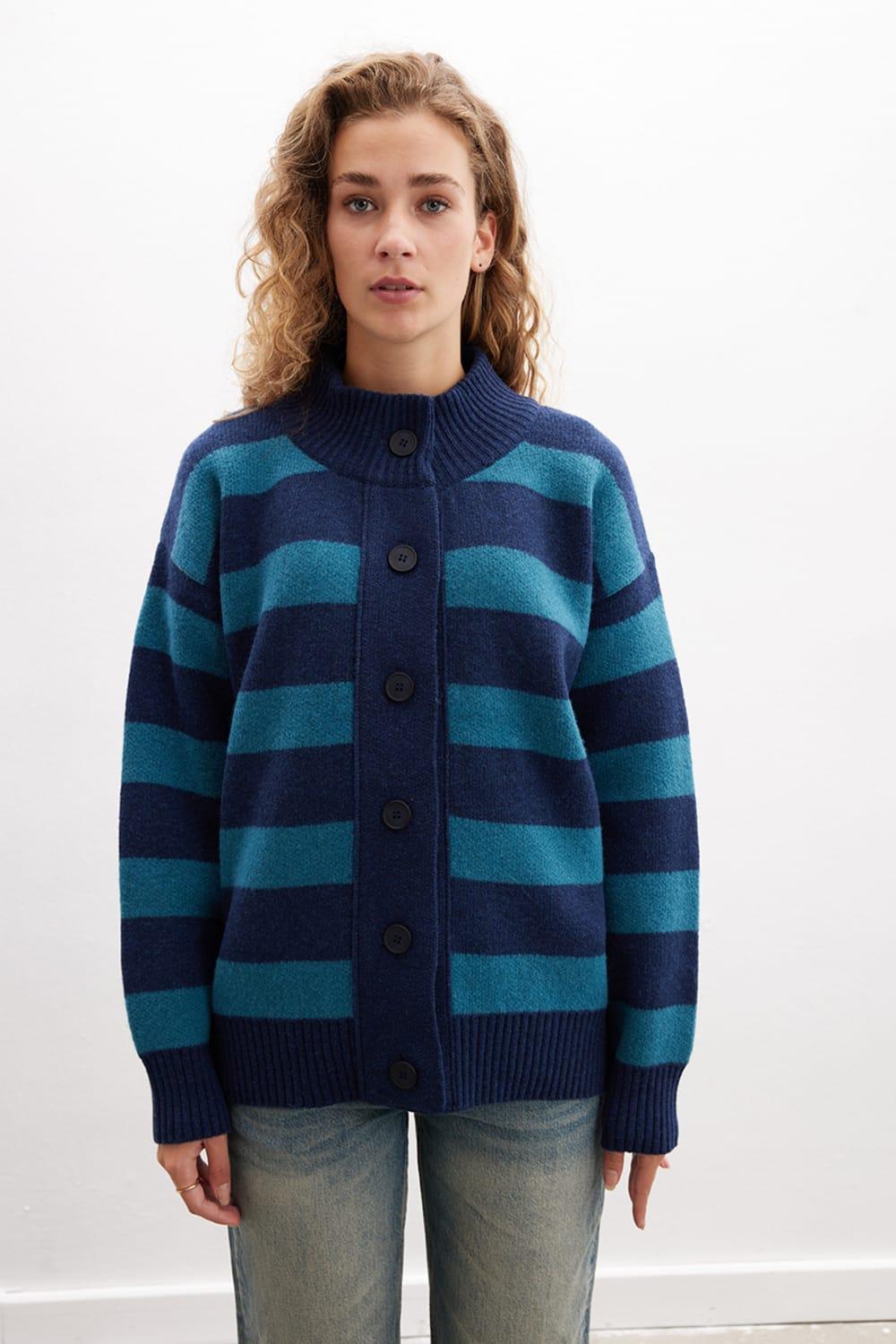 Peraluna-Barbara Cardigan Çizgili Yüksek Yaka Geniş Kalıp Yün Karışım Kadın Triko Hırka-Kazak & Triko-1-Milagron.com