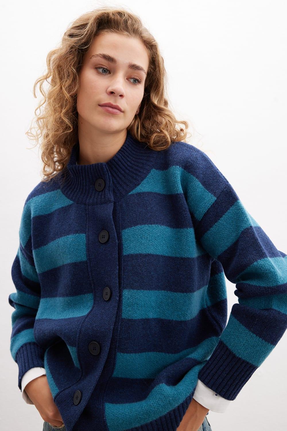 Peraluna-Barbara Cardigan Çizgili Yüksek Yaka Geniş Kalıp Yün Karışım Kadın Triko Hırka-Kazak & Triko-2-Milagron.com