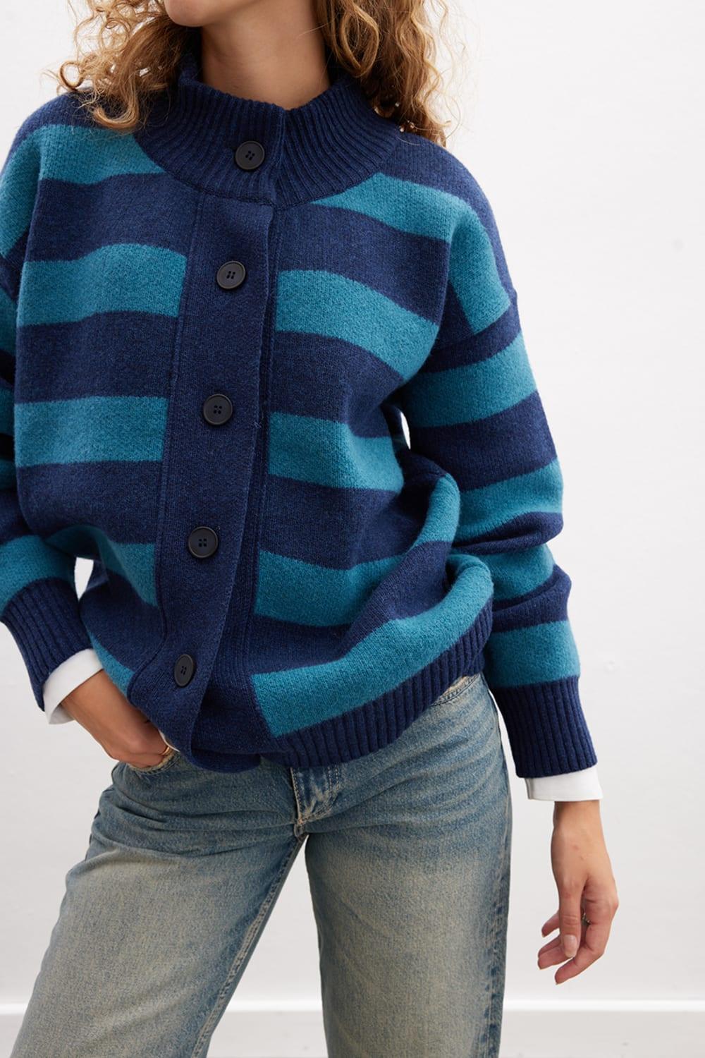 Peraluna-Barbara Cardigan Çizgili Yüksek Yaka Geniş Kalıp Yün Karışım Kadın Triko Hırka-Kazak & Triko-3-Milagron.com