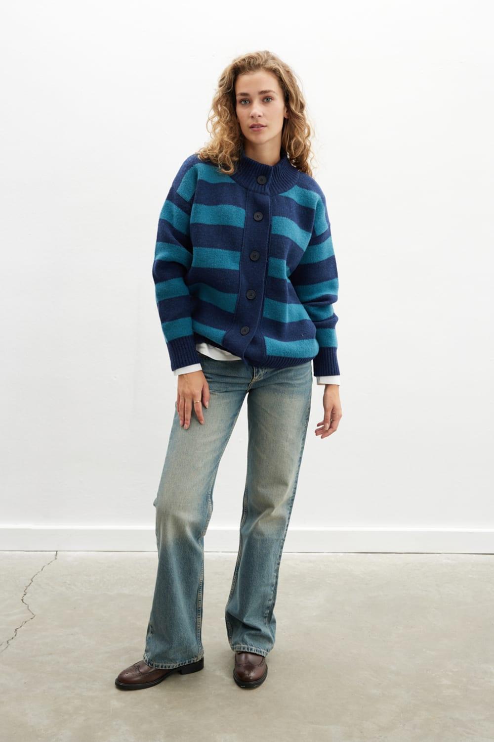 Peraluna-Barbara Cardigan Çizgili Yüksek Yaka Geniş Kalıp Yün Karışım Kadın Triko Hırka-Kazak & Triko-4-Milagron.com