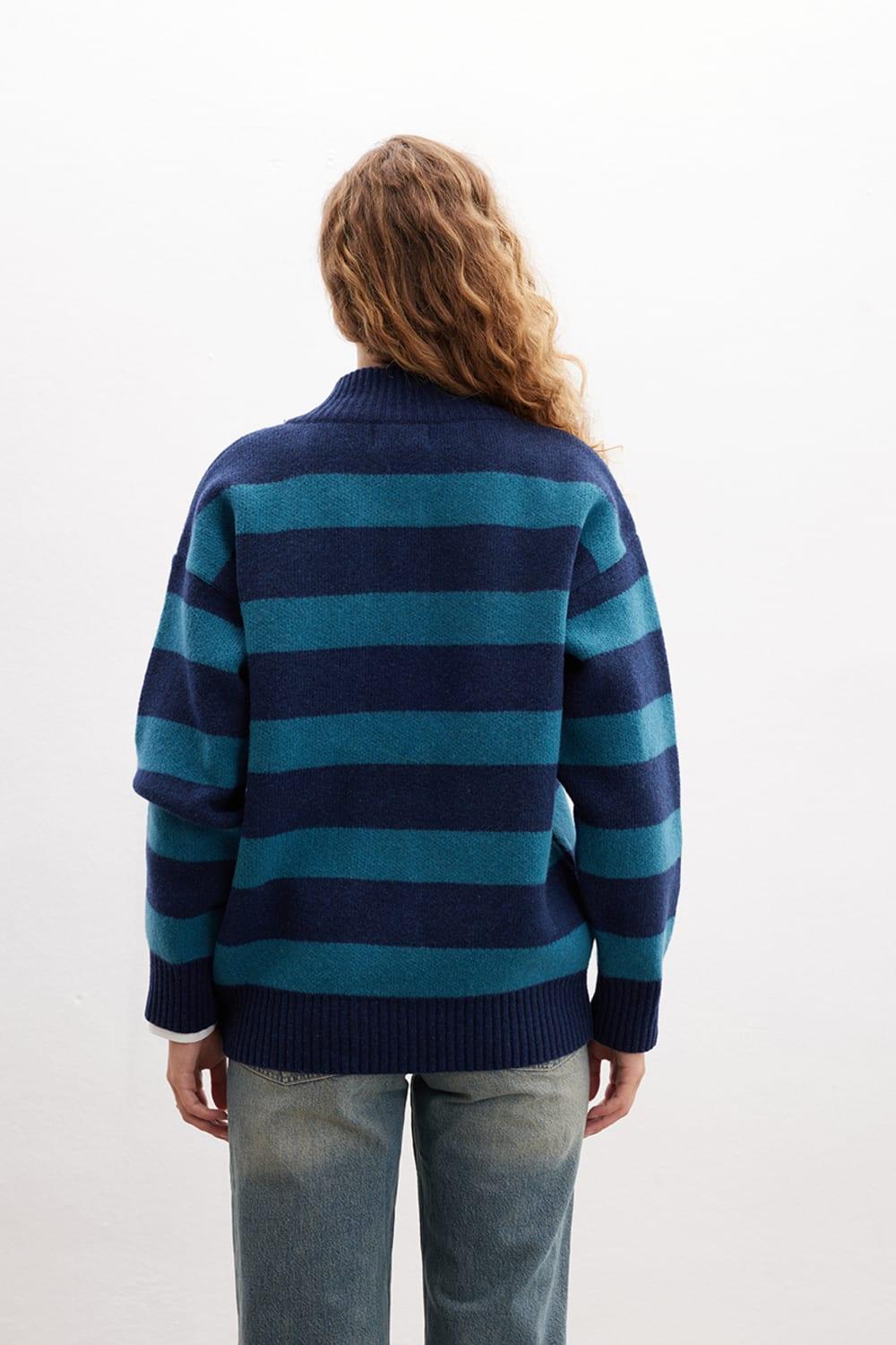 Peraluna-Barbara Cardigan Çizgili Yüksek Yaka Geniş Kalıp Yün Karışım Kadın Triko Hırka-Kazak & Triko-5-Milagron.com