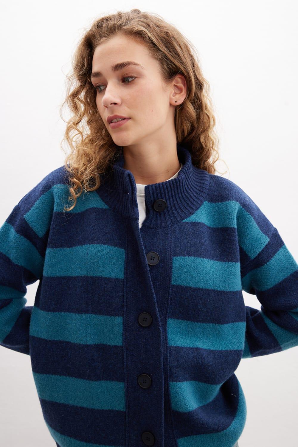 Peraluna-Barbara Cardigan Çizgili Yüksek Yaka Geniş Kalıp Yün Karışım Kadın Triko Hırka-Kazak & Triko-6-Milagron.com