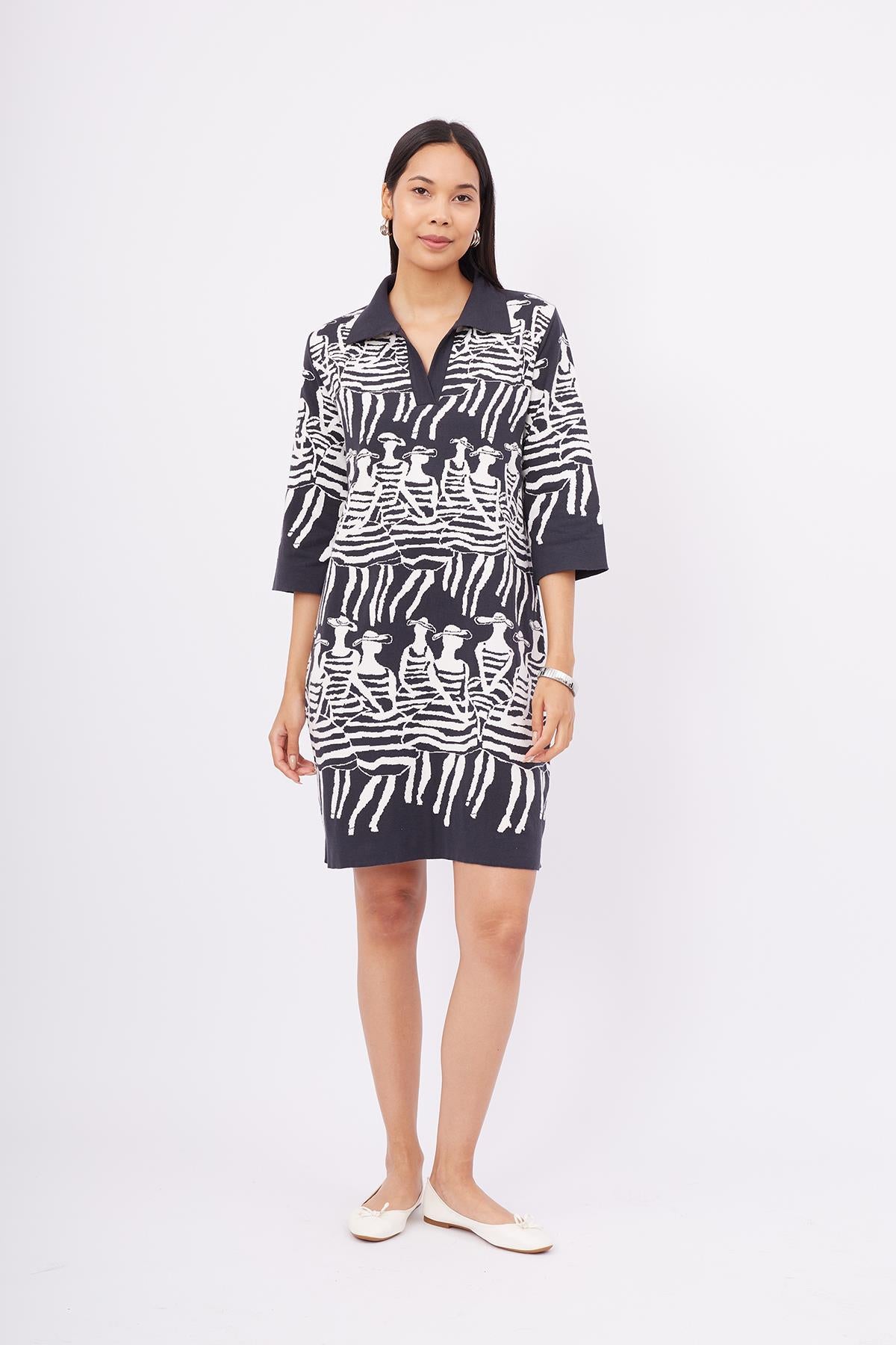 Peraluna-Beach Girls Dress Kadınlar Desenli A Form 3/4 Kol Boy İnce Kadın Triko Elbise Antrasit/Beyaz-Elbise-1-Milagron.com