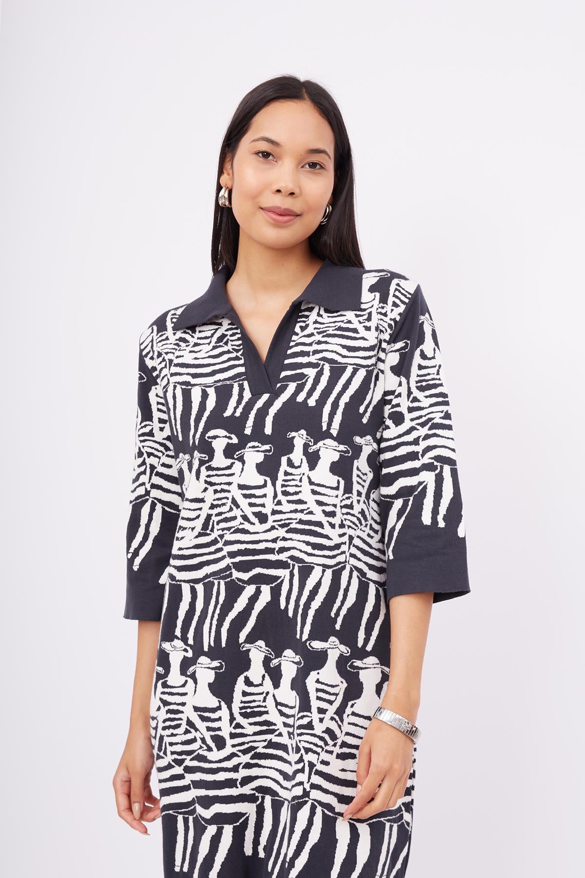 Peraluna-Beach Girls Dress Kadınlar Desenli A Form 3/4 Kol Boy İnce Kadın Triko Elbise Antrasit/Beyaz-Elbise-2-Milagron.com