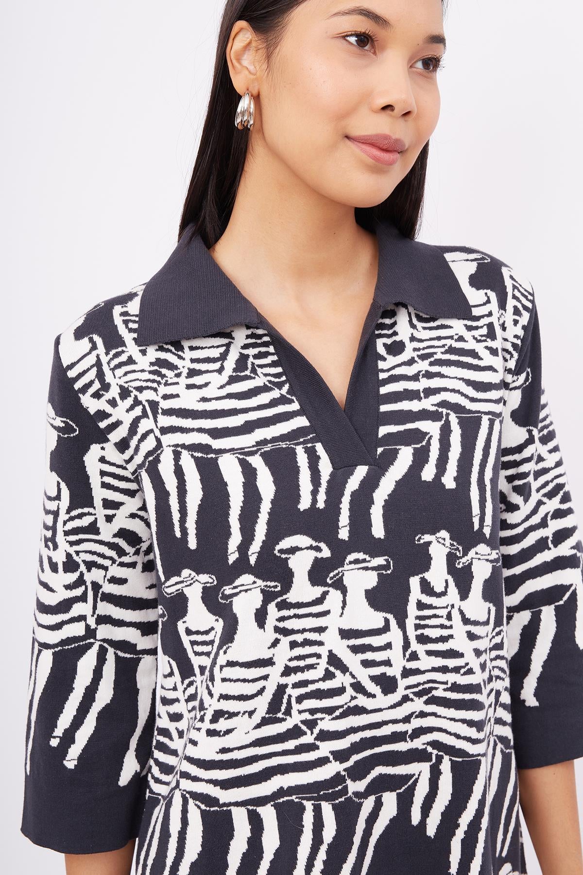 Peraluna-Beach Girls Dress Kadınlar Desenli A Form 3/4 Kol Boy İnce Kadın Triko Elbise Antrasit/Beyaz-Elbise-4-Milagron.com