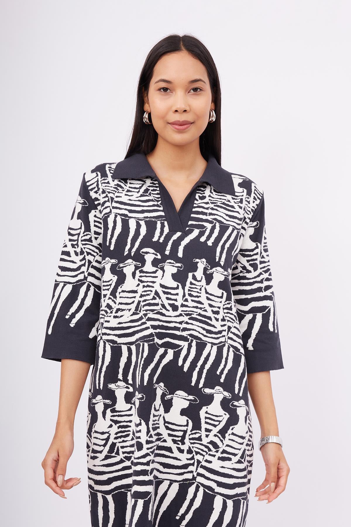 Peraluna-Beach Girls Dress Kadınlar Desenli A Form 3/4 Kol Boy İnce Kadın Triko Elbise Antrasit/Beyaz-Elbise-6-Milagron.com