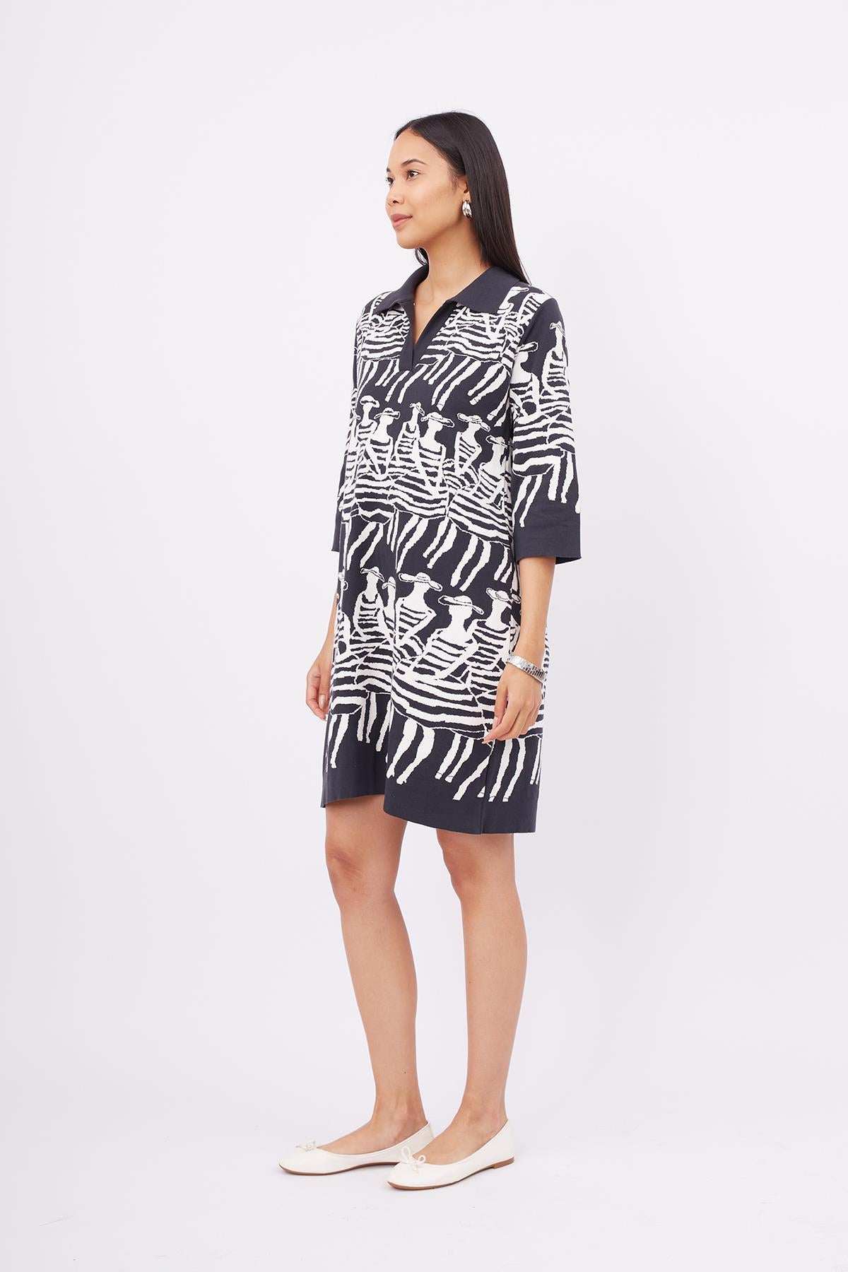 Peraluna-Beach Girls Dress Kadınlar Desenli A Form 3/4 Kol Boy İnce Kadın Triko Elbise Antrasit/Beyaz-Elbise-7-Milagron.com