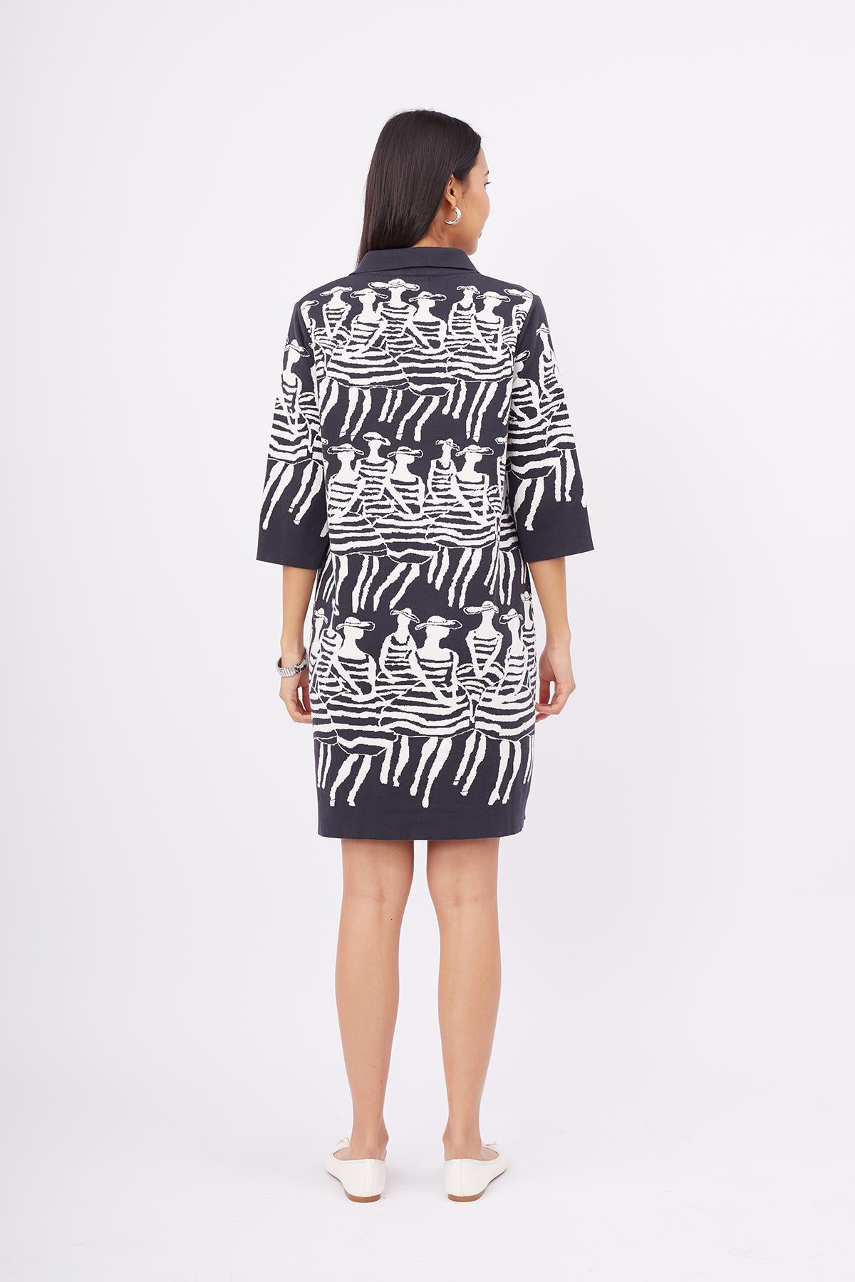 Peraluna-Beach Girls Dress Kadınlar Desenli A Form 3/4 Kol Boy İnce Kadın Triko Elbise Antrasit/Beyaz-Elbise-8-Milagron.com