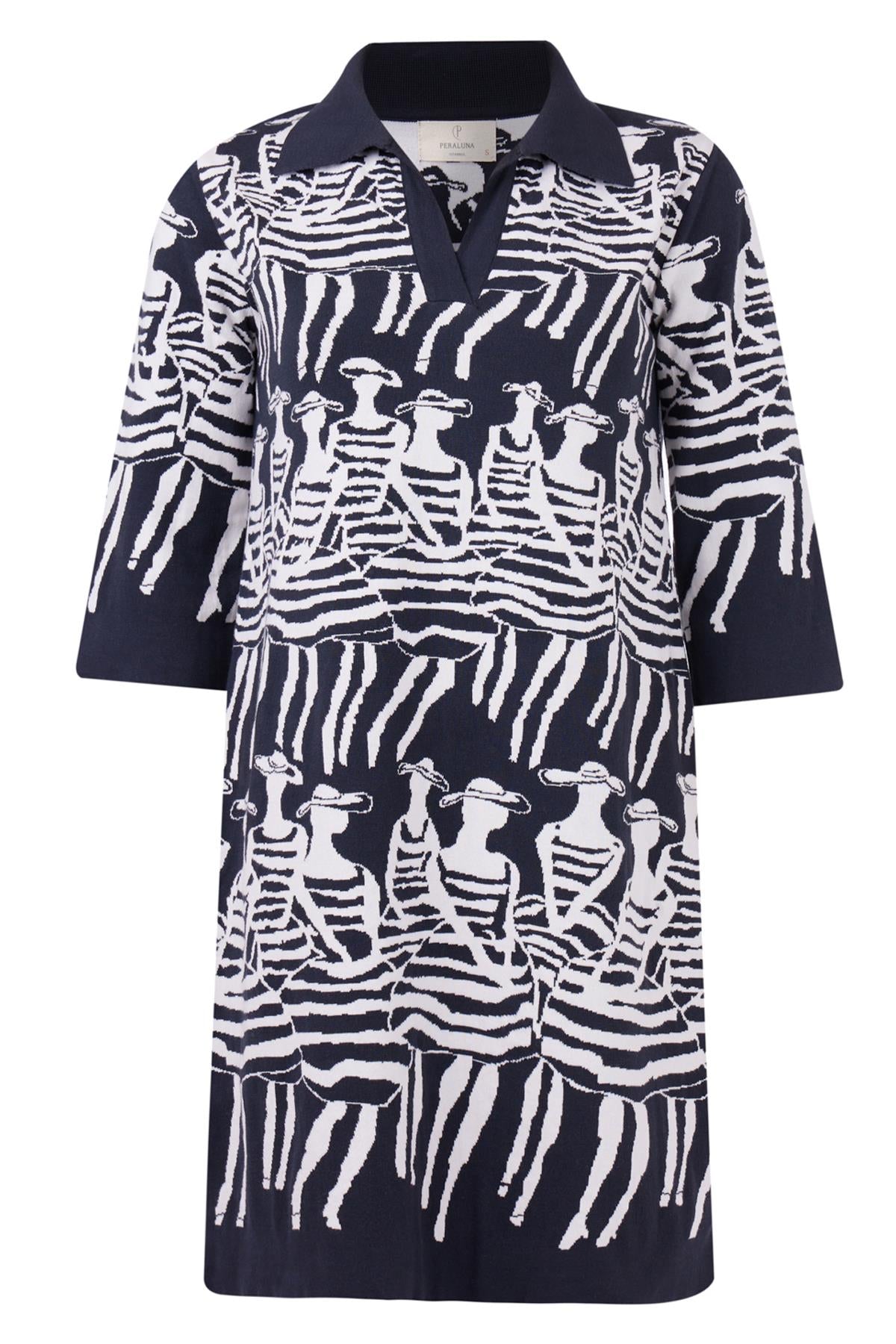 Peraluna-Beach Girls Dress Kadınlar Desenli A Form 3/4 Kol Boy İnce Kadın Triko Elbise Antrasit/Beyaz-Elbise-9-Milagron.com