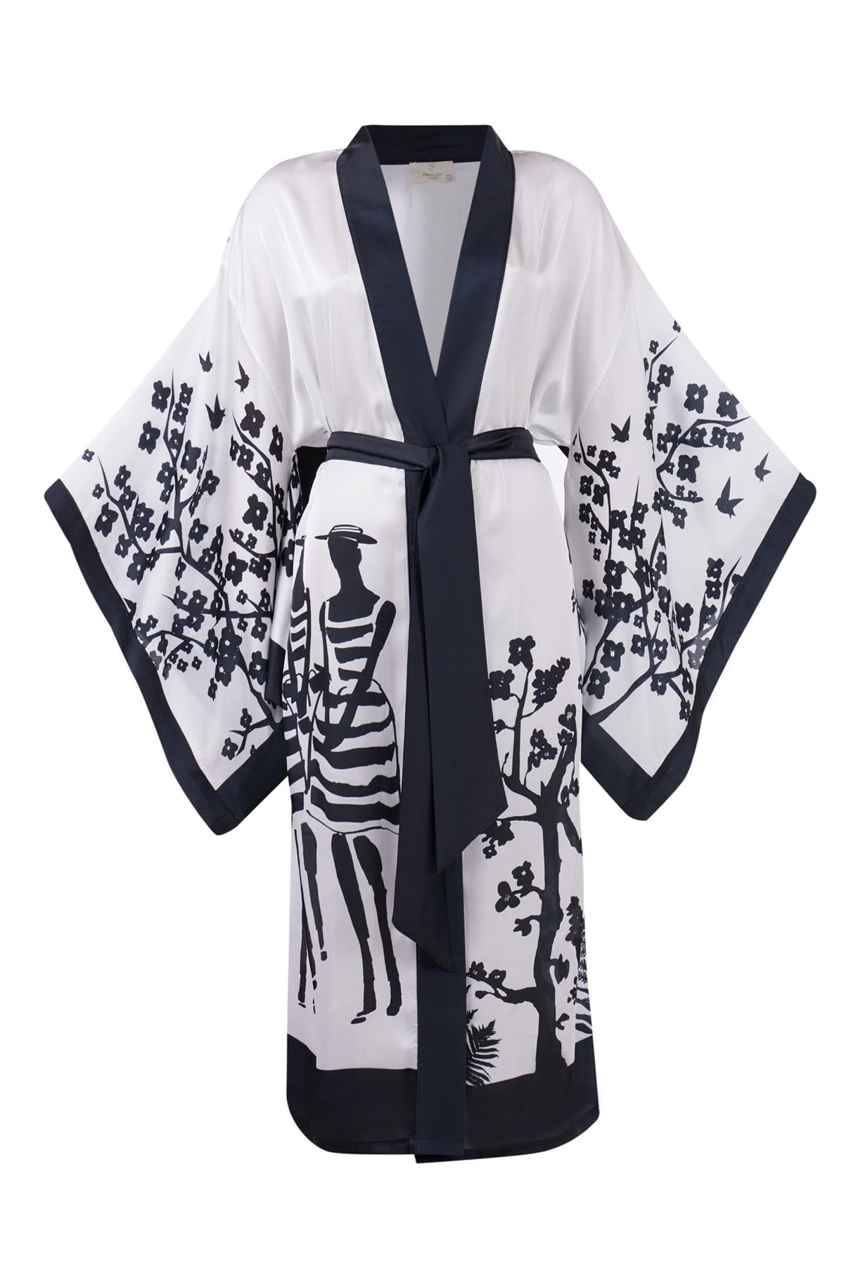Peraluna-Beach Girls Long Kimono Kadınlar Ve Sakura Baskılı Uzun Saten Kadın Kimono Siyah Beyaz-Kimono-8-Milagron.com