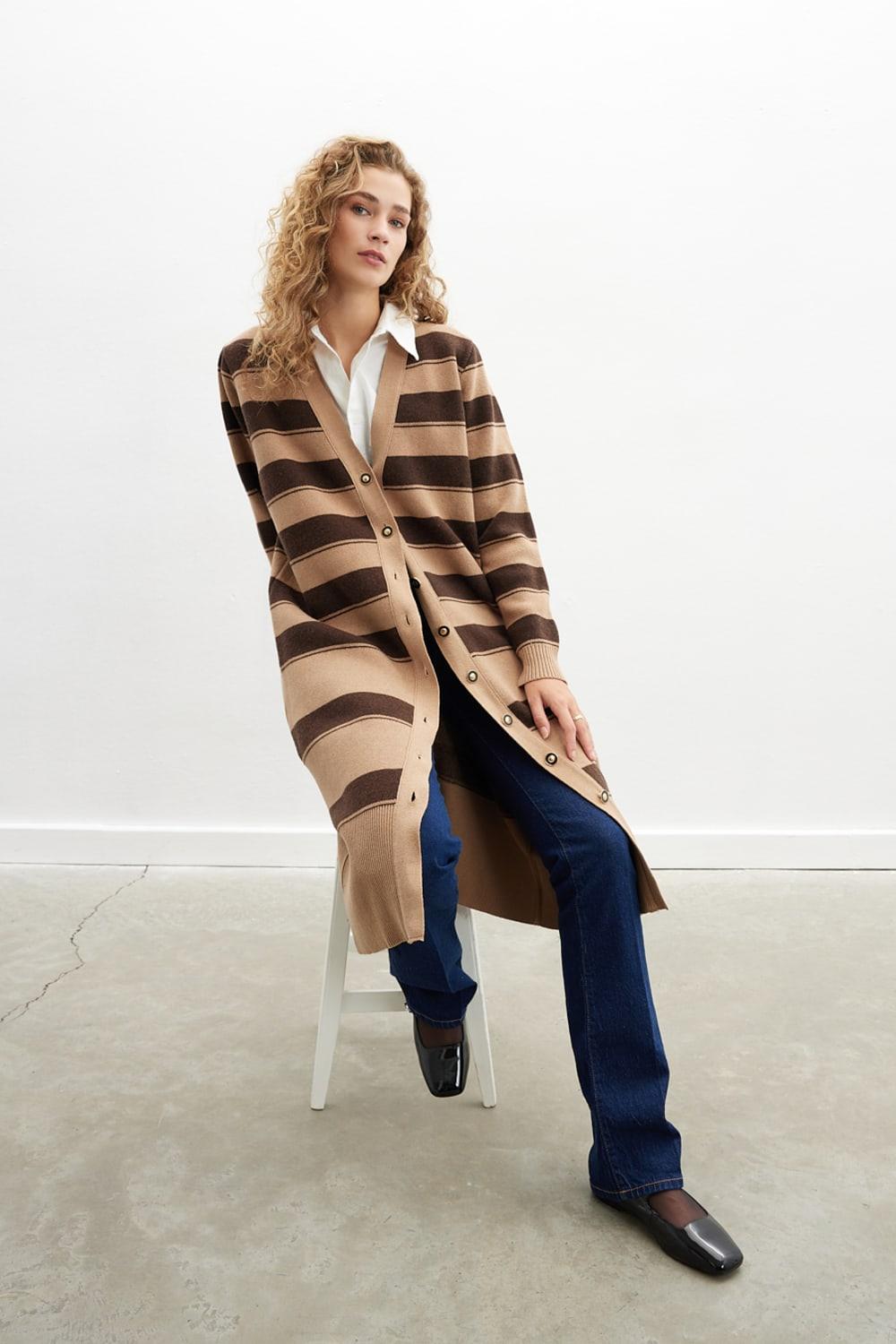 Peraluna-Beatrice Long Cardigan çizgili V Yaka Uzun Kadın Triko Hırka-Kazak & Triko-3-Milagron.com