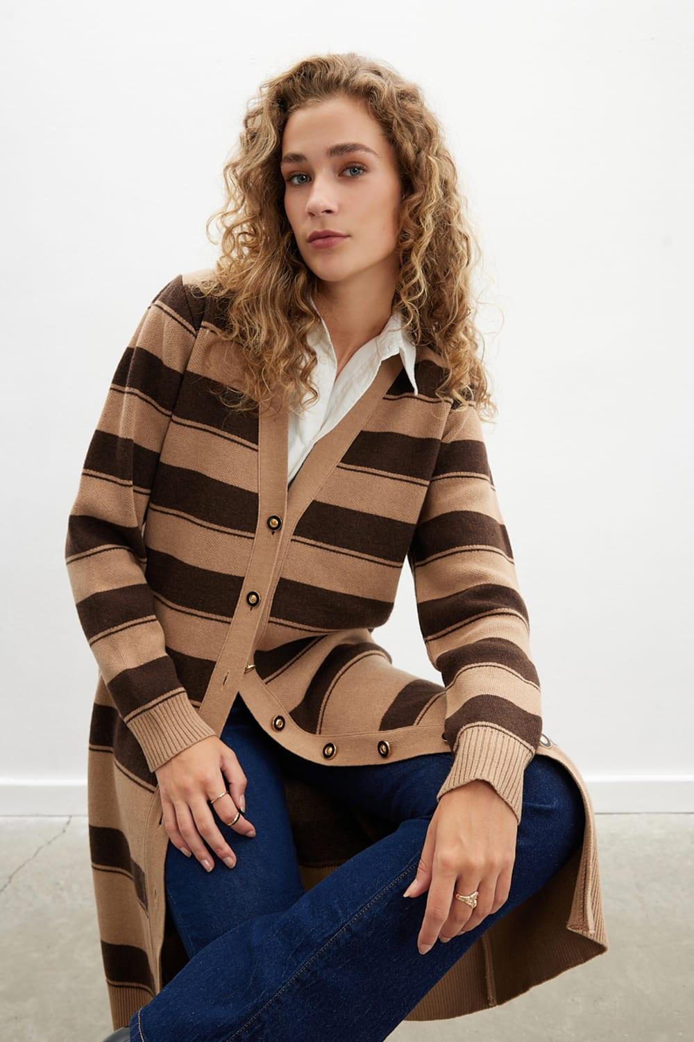 Peraluna-Beatrice Long Cardigan çizgili V Yaka Uzun Kadın Triko Hırka-Kazak & Triko-4-Milagron.com