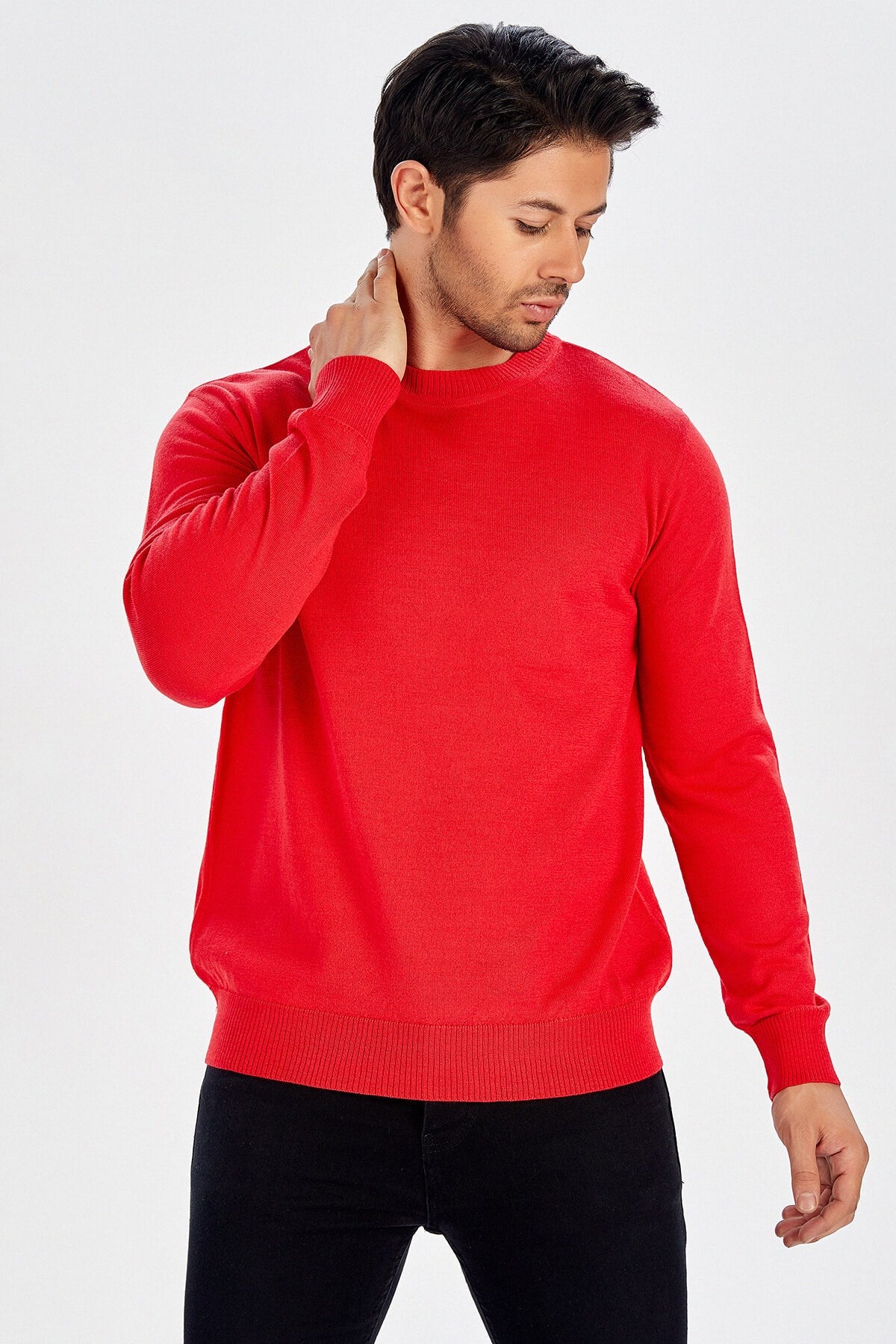 Peraluna-Bisiklet Yaka Basic Erkek Kazak Kırmızı-Kazak & Triko-3-Milagron.com