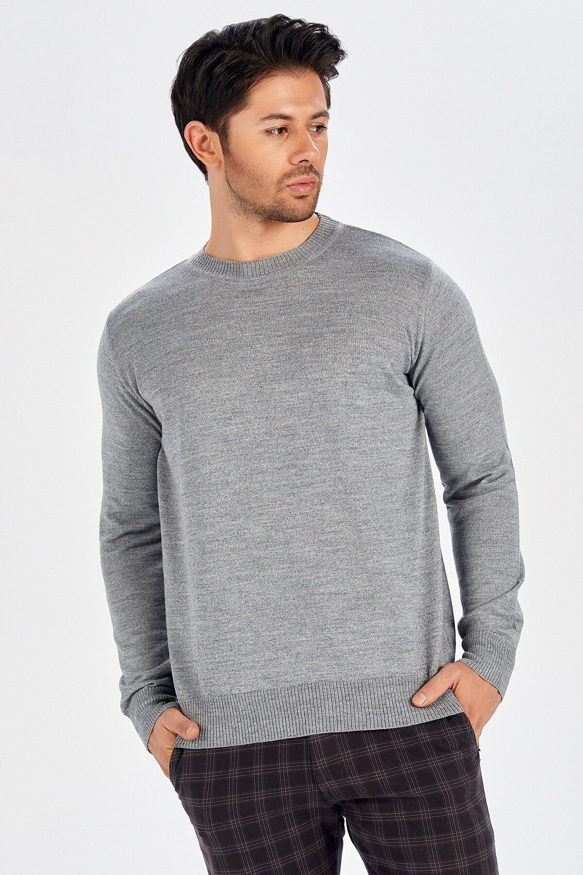 Peraluna-Bisiklet Yaka Basic Erkek Kazak Orta Gri̇-Kazak & Triko-2-Milagron.com