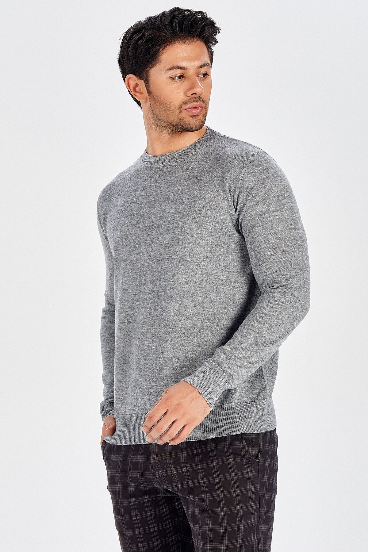 Peraluna-Bisiklet Yaka Basic Erkek Kazak Orta Gri̇-Kazak & Triko-3-Milagron.com