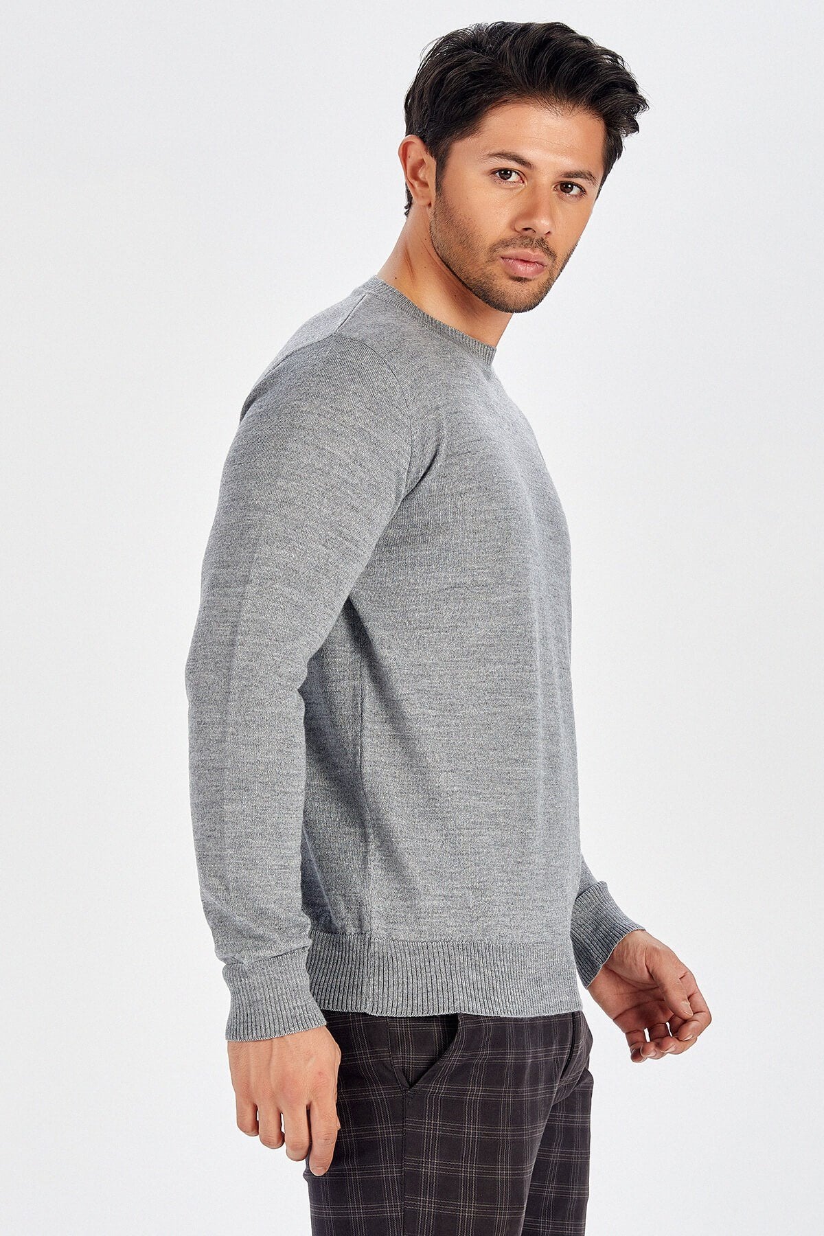 Peraluna-Bisiklet Yaka Basic Erkek Kazak Orta Gri̇-Kazak & Triko-4-Milagron.com