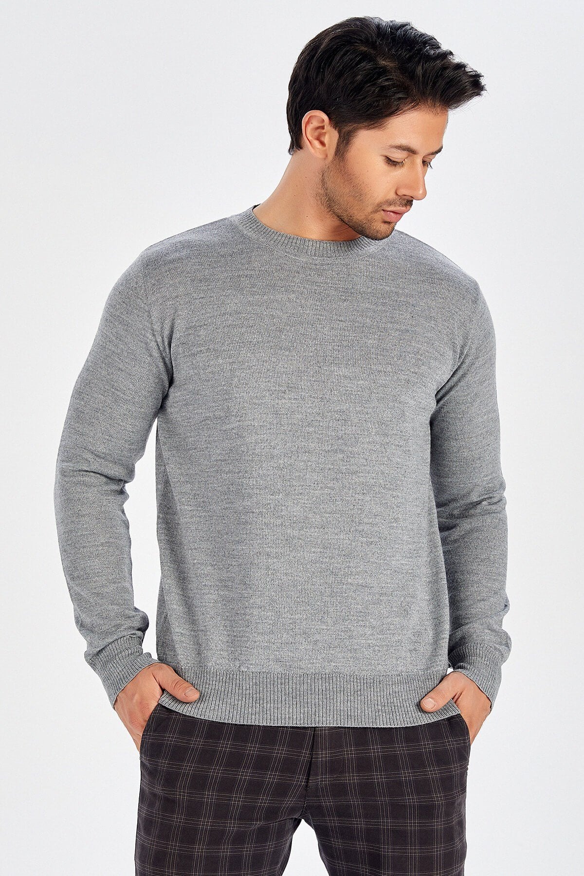 Peraluna-Bisiklet Yaka Basic Erkek Kazak Orta Gri̇-Kazak & Triko-5-Milagron.com