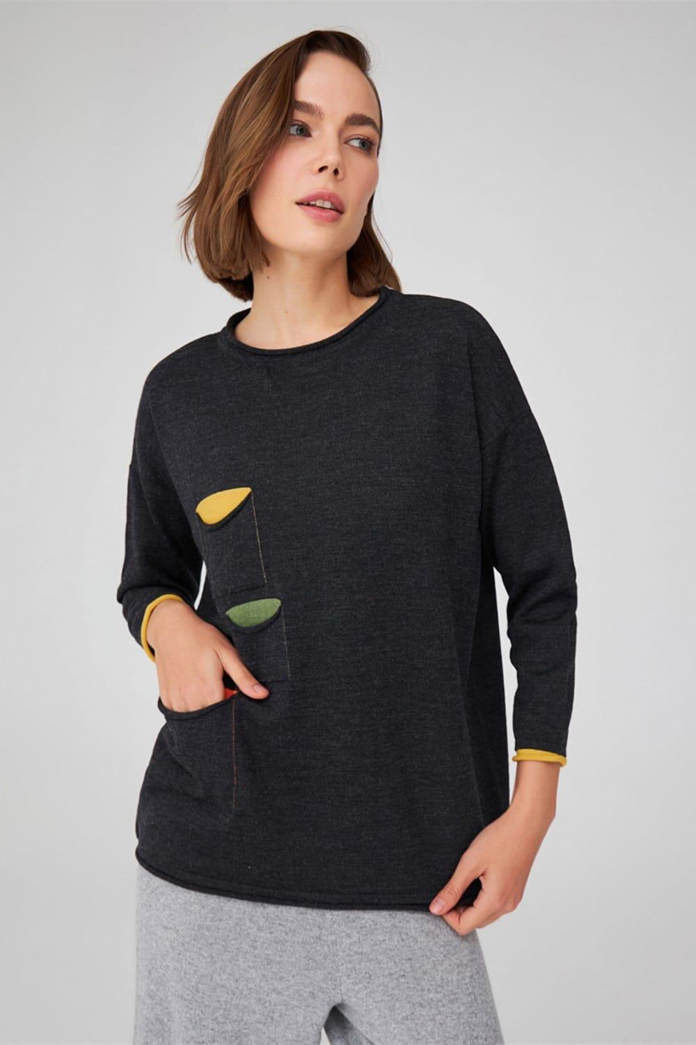 Peraluna-Bol Kesim Bisiklet Yaka üç Cepli Kadın Triko Kazak-Kazak & Triko-2-Milagron.com