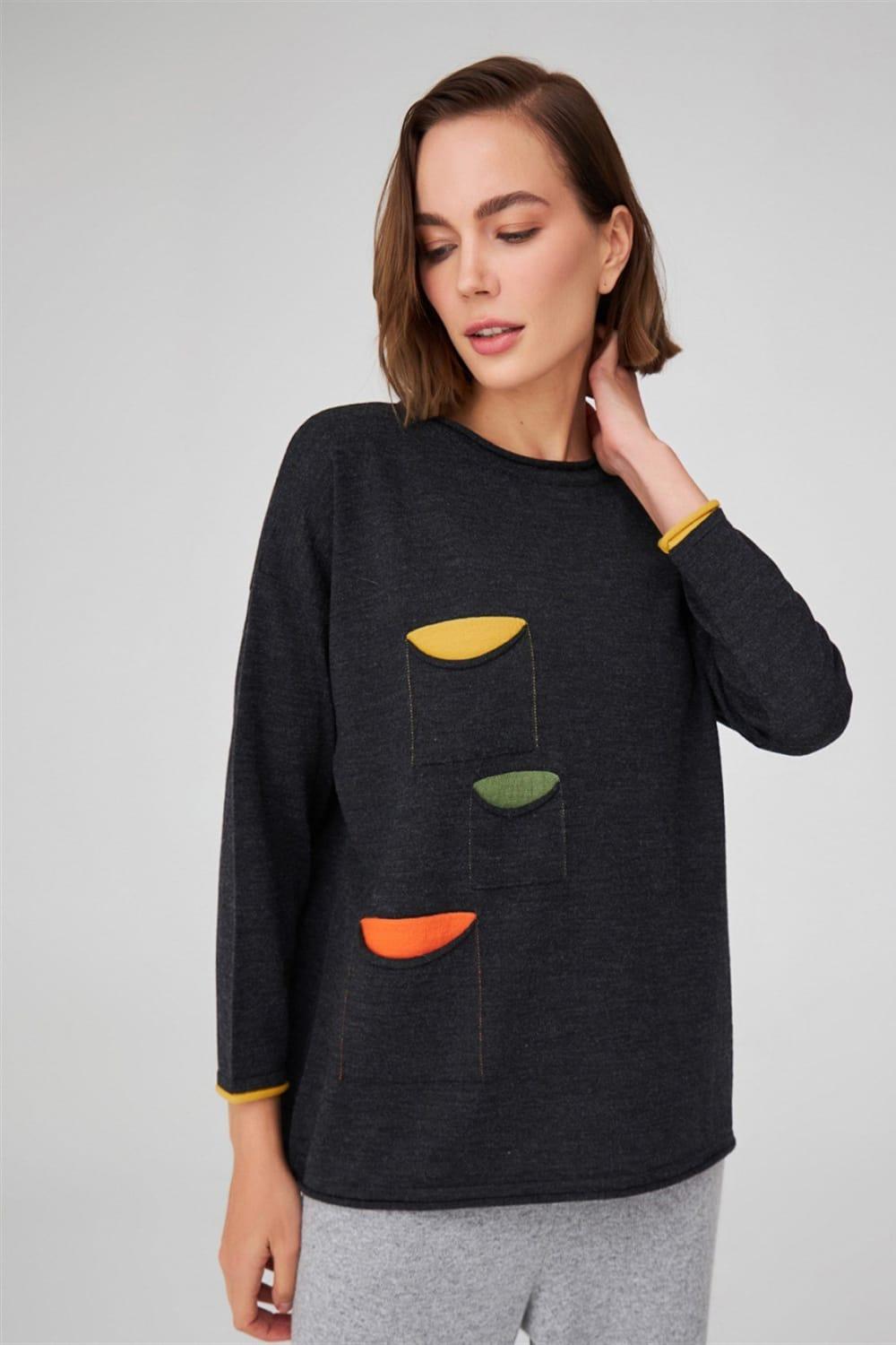 Peraluna-Bol Kesim Bisiklet Yaka üç Cepli Kadın Triko Kazak-Kazak & Triko-3-Milagron.com