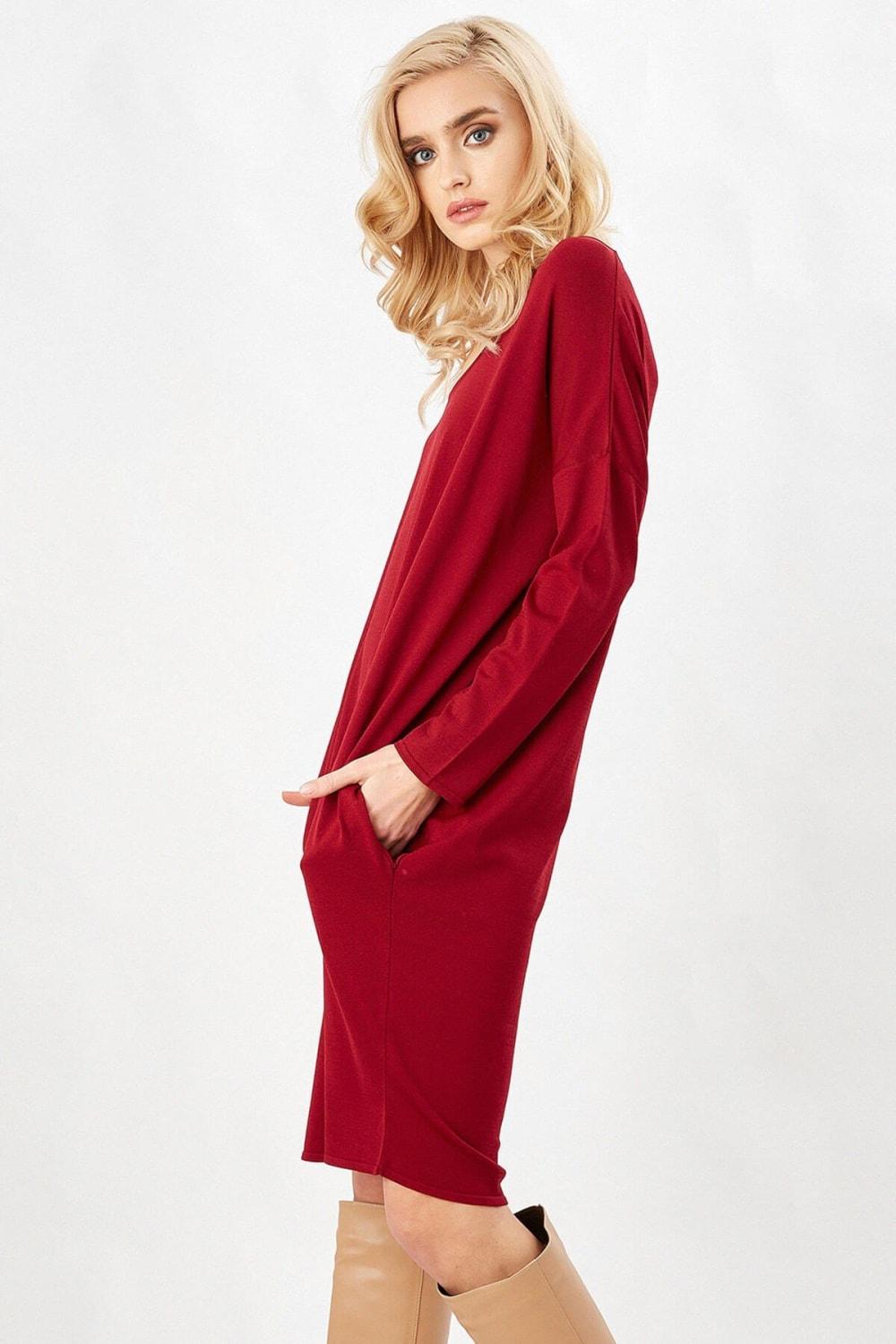 Peraluna-Bordo Rengi 3/4 Kol Balon Kadın Triko Elbise-Elbise-4-Milagron.com