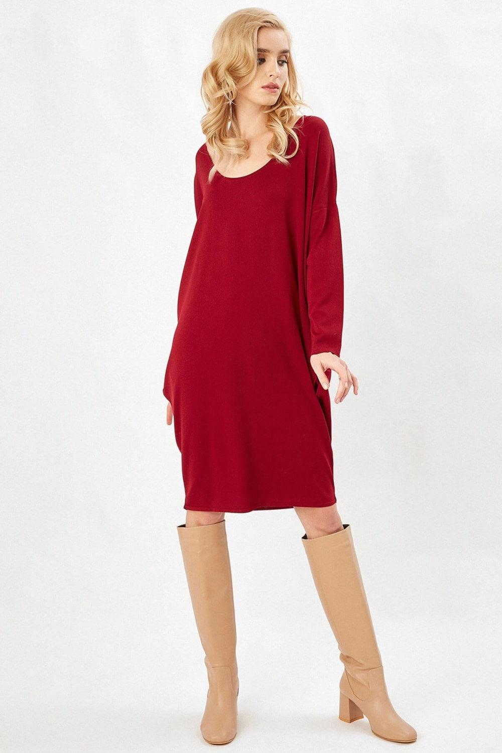 Peraluna-Bordo Rengi 3/4 Kol Balon Kadın Triko Elbise-Elbise-7-Milagron.com