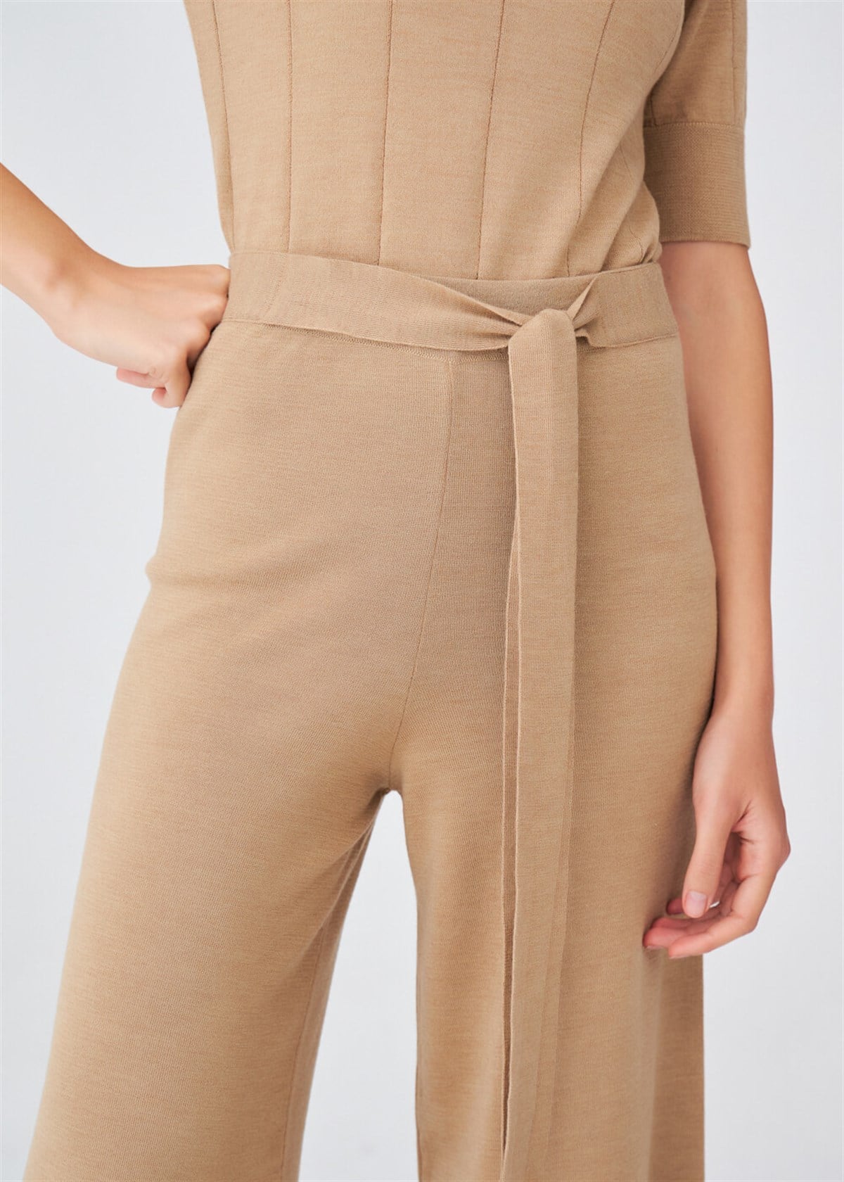 Peraluna Boru Paça Yüksek Bel Kadın Triko Pantolon - Camel Melanj
