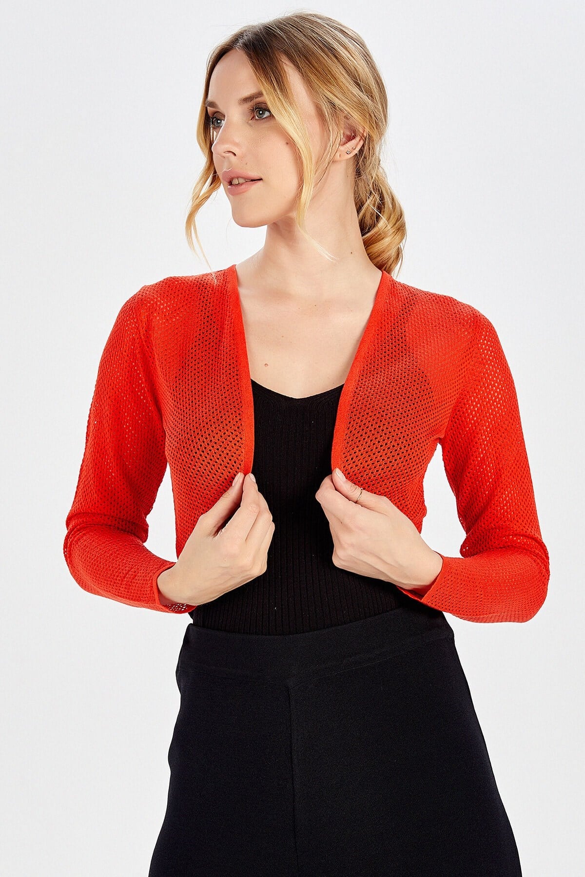 Peraluna Butterfly Bolero File Örgü Uzun Kol Triko Kadın Bolero - Turuncu