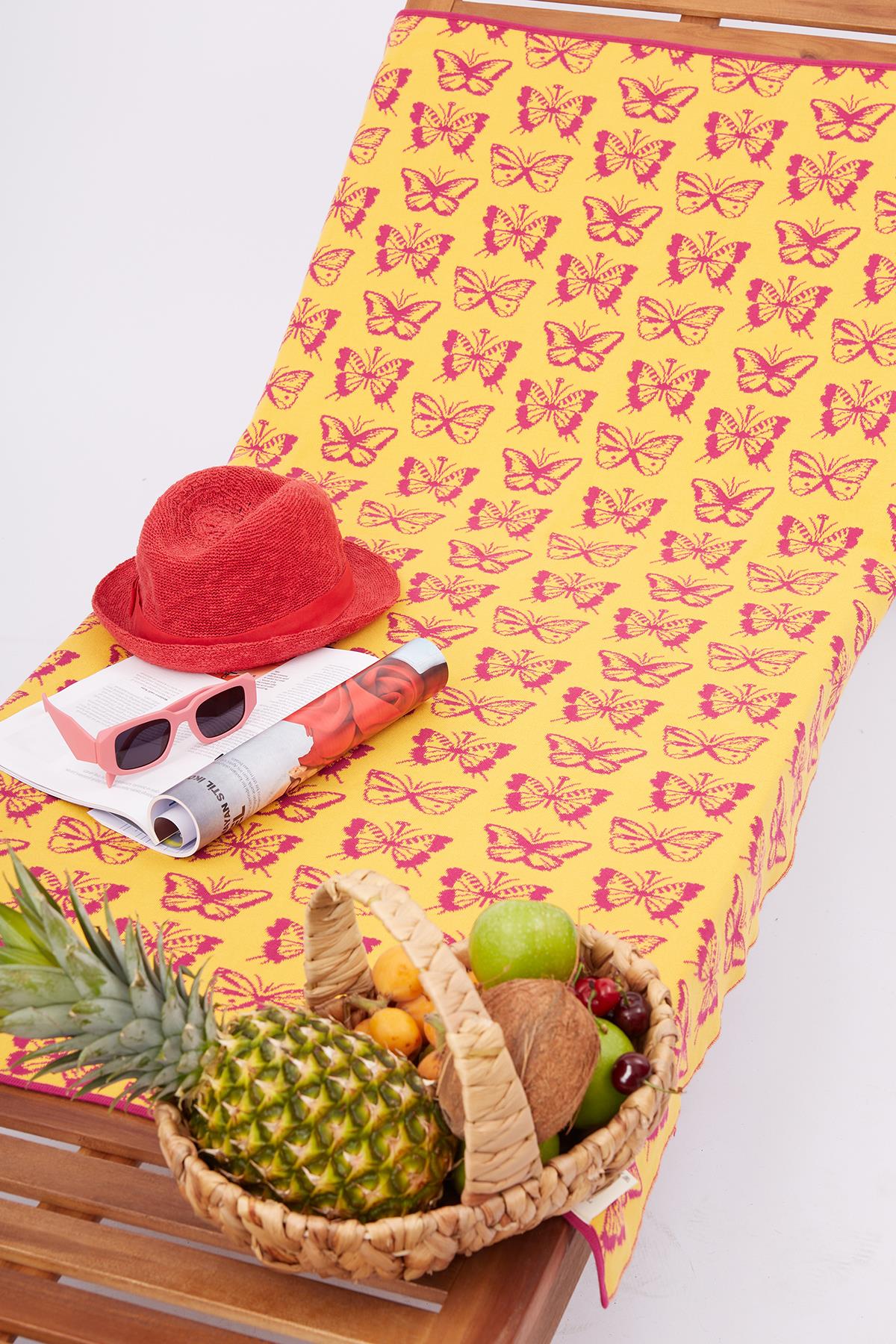 Peraluna Butterfly Boom Beach Towel Jakarlı Pamuklu Plaj Örtüsü - Fuşya/Sarı
