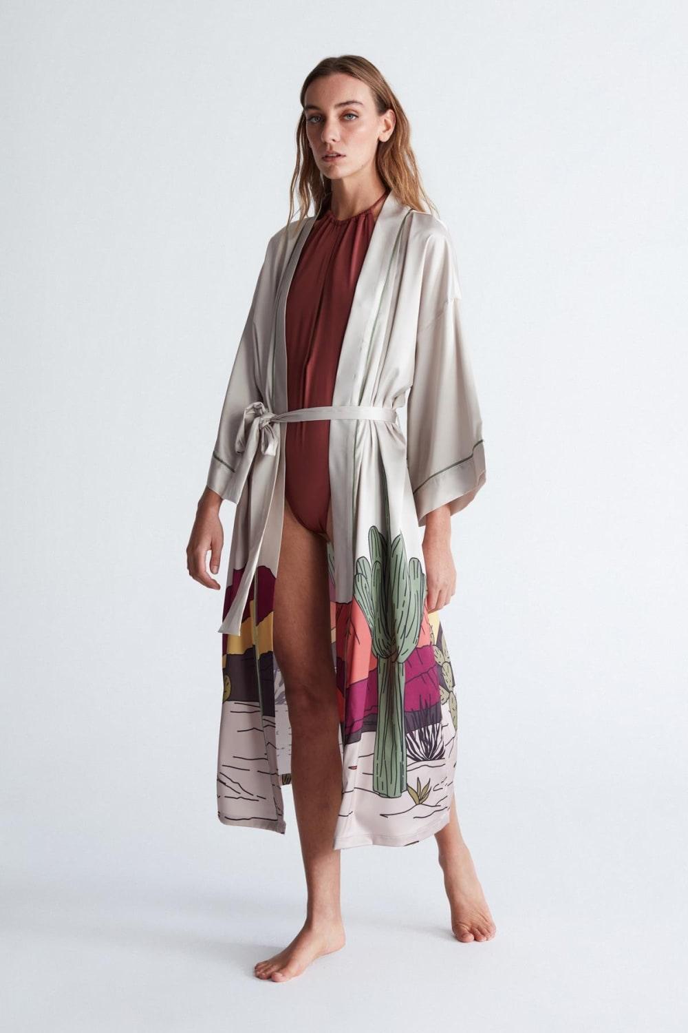 Peraluna-Cactus Ki̇mono 122 Cm Kaktus Desen Midi Boy Kemerli Saten Kadın Kimono-Kimono-1-Milagron.com