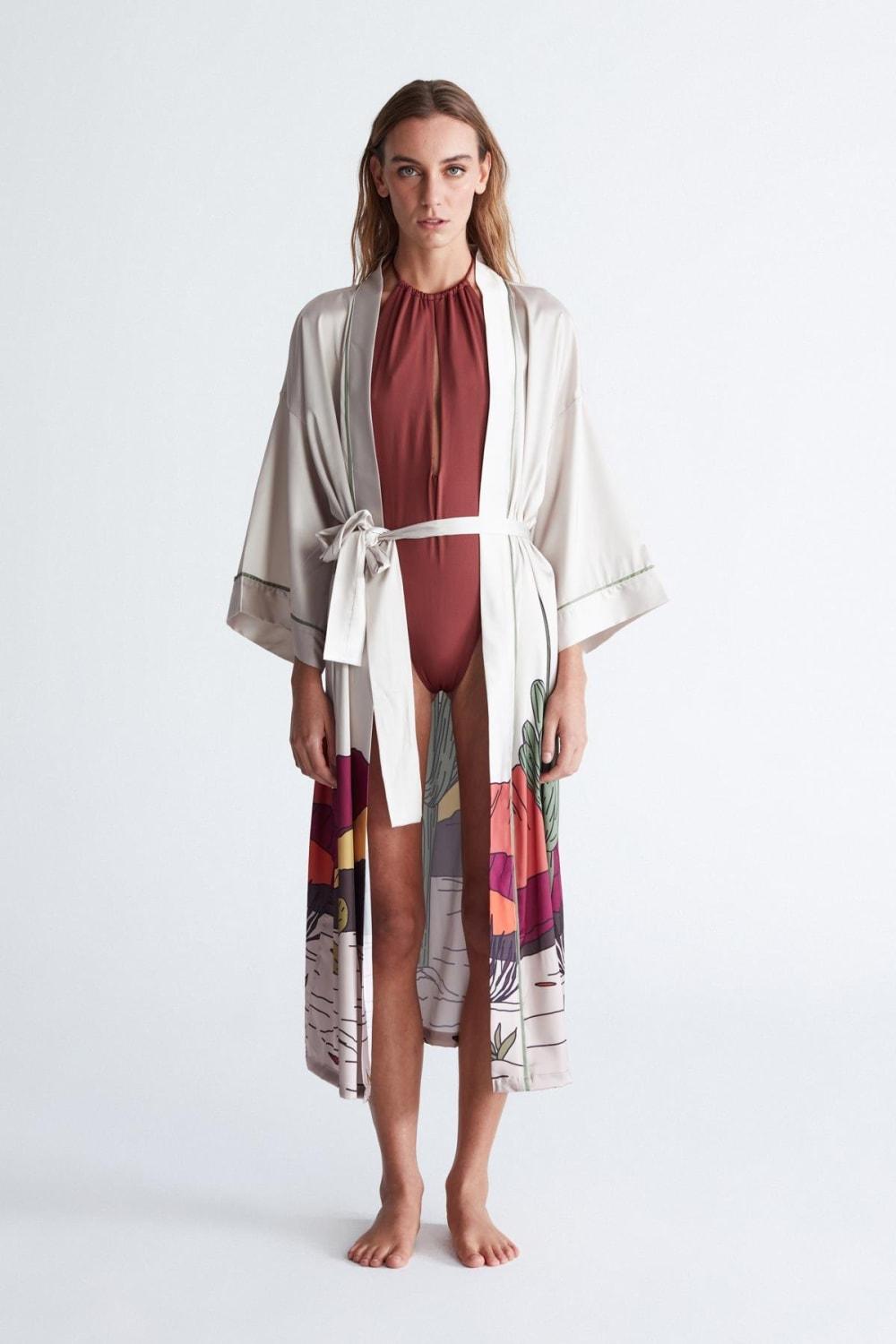 Peraluna-Cactus Ki̇mono 122 Cm Kaktus Desen Midi Boy Kemerli Saten Kadın Kimono-Kimono-3-Milagron.com