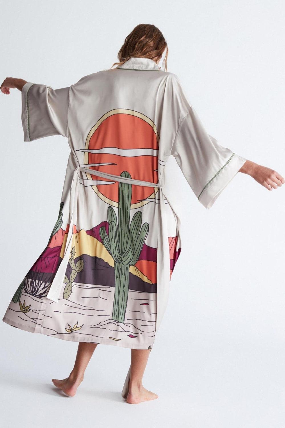 Peraluna-Cactus Ki̇mono 122 Cm Kaktus Desen Midi Boy Kemerli Saten Kadın Kimono-Kimono-6-Milagron.com