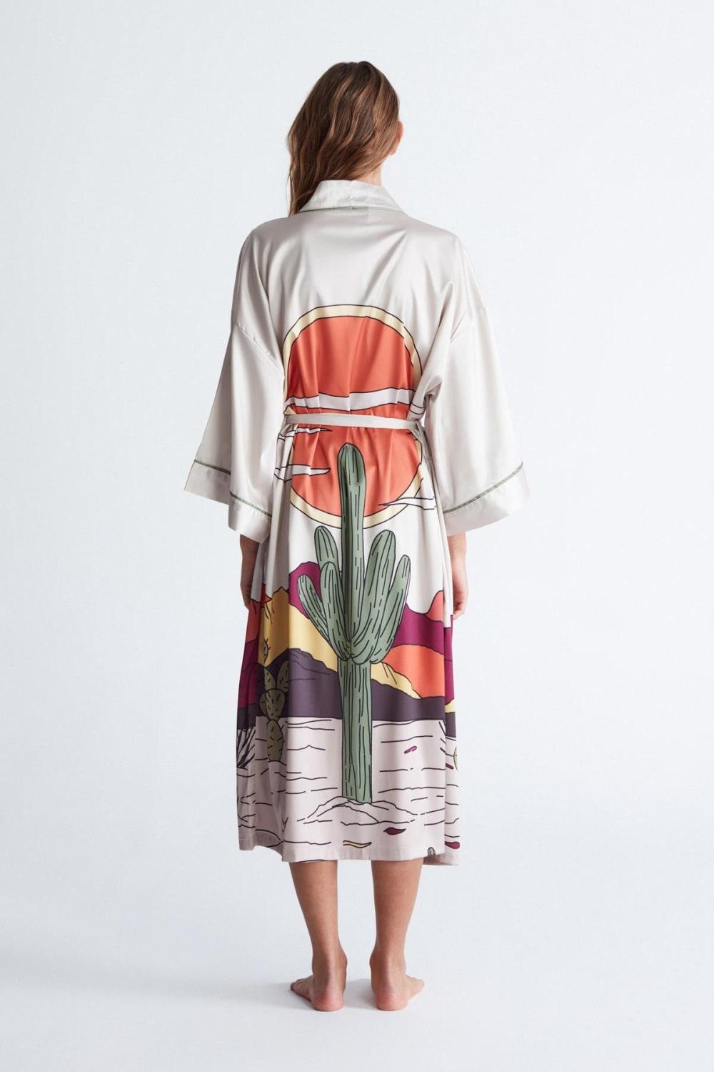 Peraluna-Cactus Ki̇mono 122 Cm Kaktus Desen Midi Boy Kemerli Saten Kadın Kimono-Kimono-7-Milagron.com