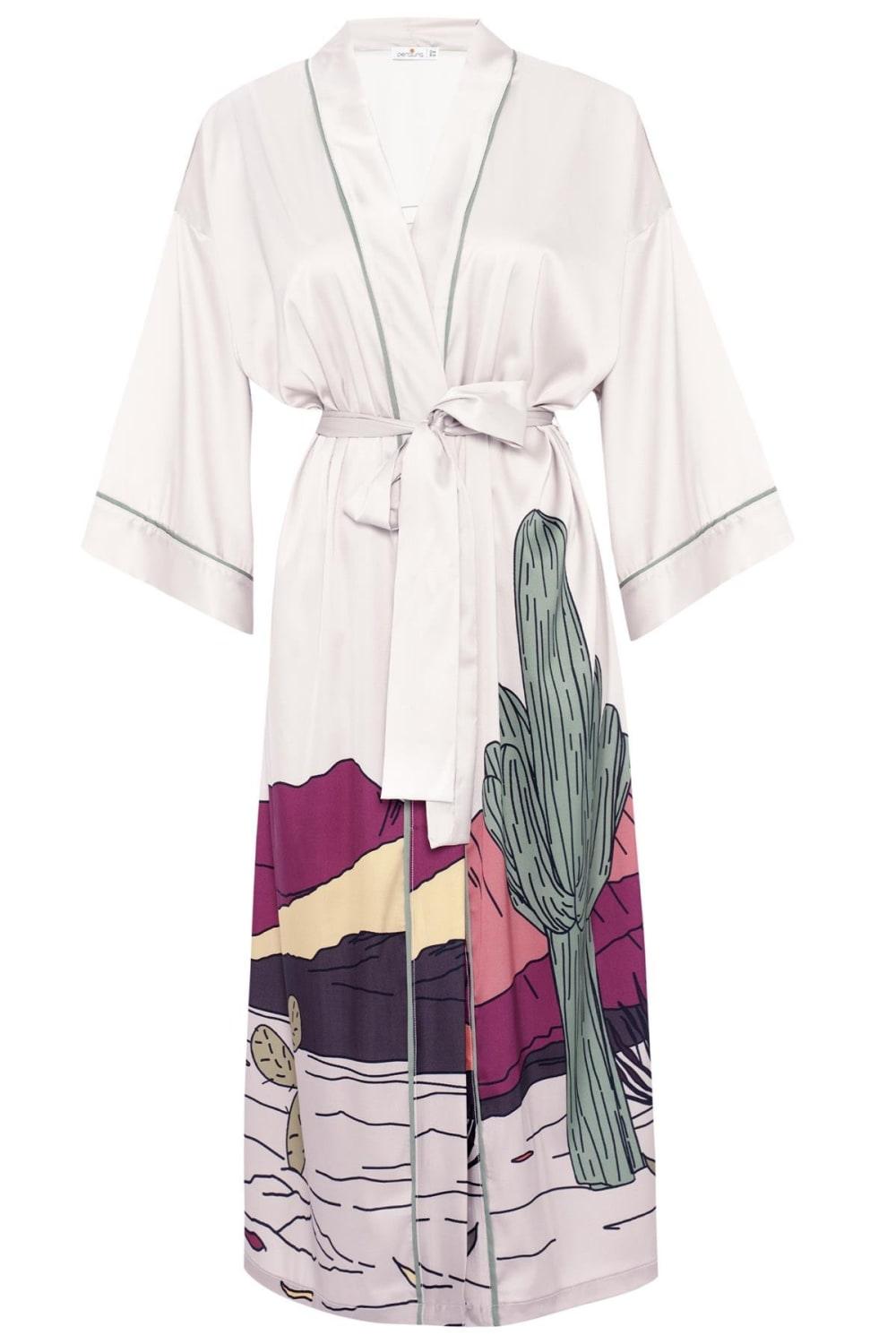 Peraluna-Cactus Ki̇mono 122 Cm Kaktus Desen Midi Boy Kemerli Saten Kadın Kimono-Kimono-8-Milagron.com