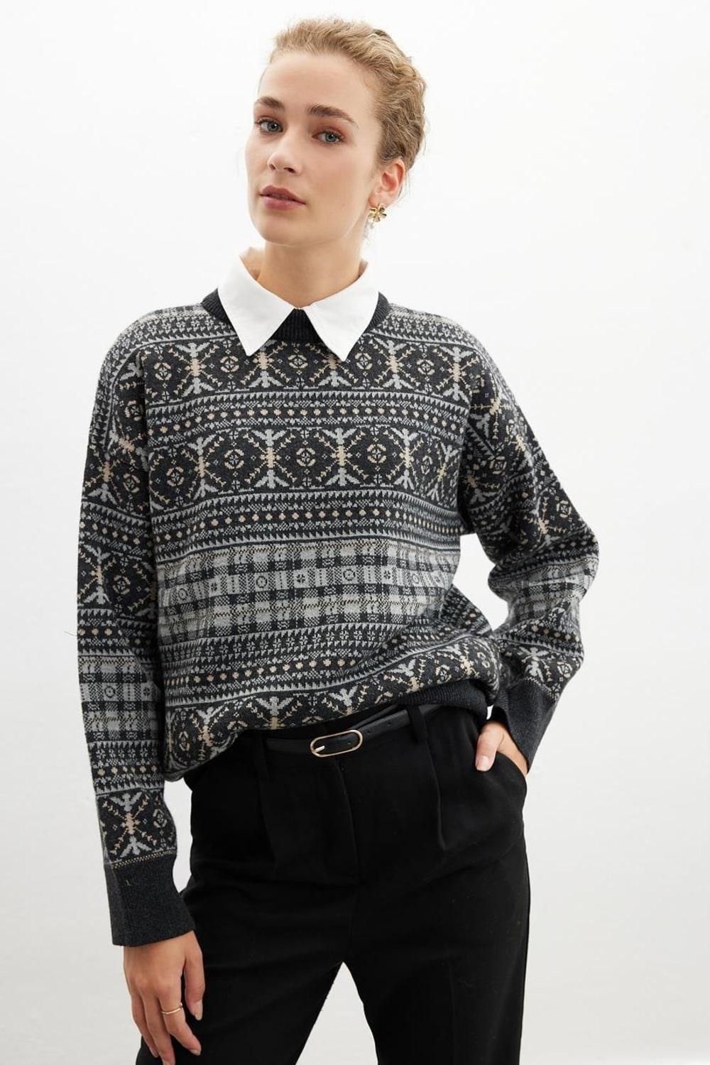 Peraluna-Caitlin Pullover Bisiklet Yaka Etnik Motif Yün Karışım Kadın Triko Kazak Antrasit Melanj-Kazak & Triko-2-Milagron.com