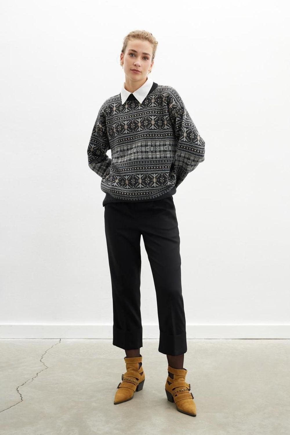 Peraluna-Caitlin Pullover Bisiklet Yaka Etnik Motif Yün Karışım Kadın Triko Kazak Antrasit Melanj-Kazak & Triko-3-Milagron.com