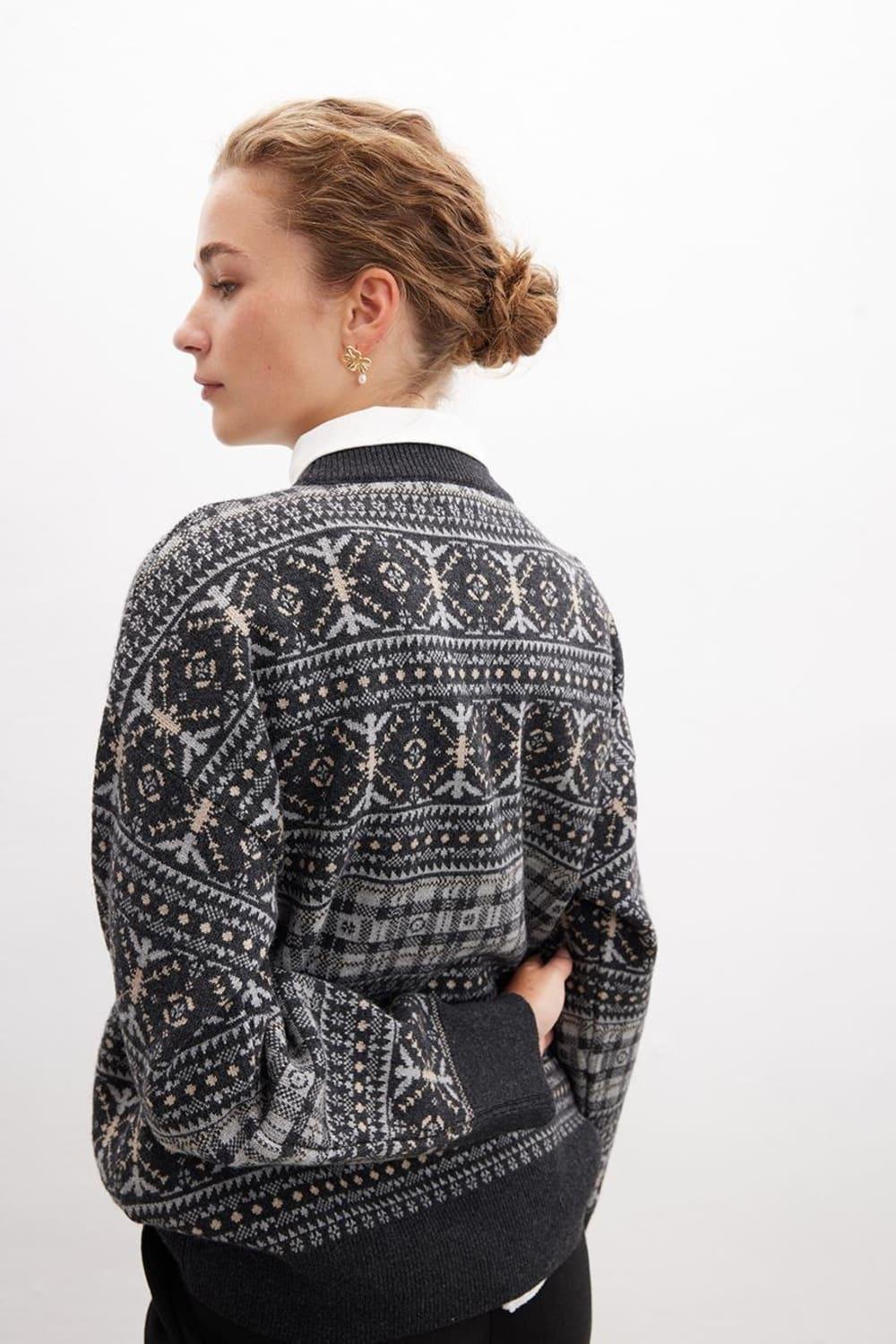 Peraluna-Caitlin Pullover Bisiklet Yaka Etnik Motif Yün Karışım Kadın Triko Kazak Antrasit Melanj-Kazak & Triko-4-Milagron.com