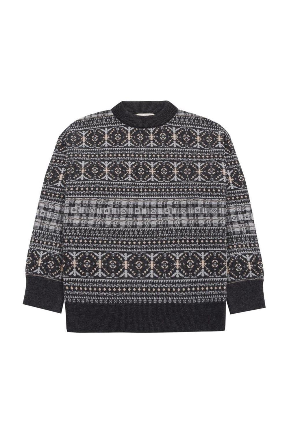 Peraluna-Caitlin Pullover Bisiklet Yaka Etnik Motif Yün Karışım Kadın Triko Kazak Antrasit Melanj-Kazak & Triko-6-Milagron.com