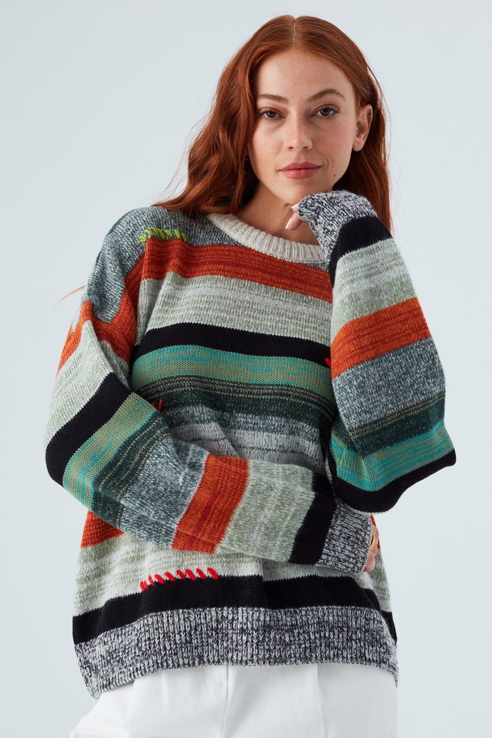 Peraluna-Camila Pullover Bol Kesim El İşlemeli Kadın Triko Kazak-Kazak & Triko-2-Milagron.com