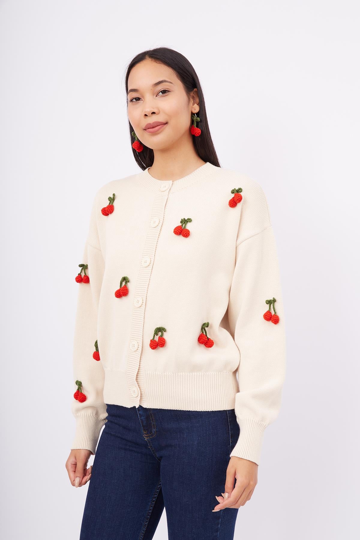 Peraluna Cherry Cardigan Organik Pamuk Kiraz İŞlemeli Kadın Hırka - Krem