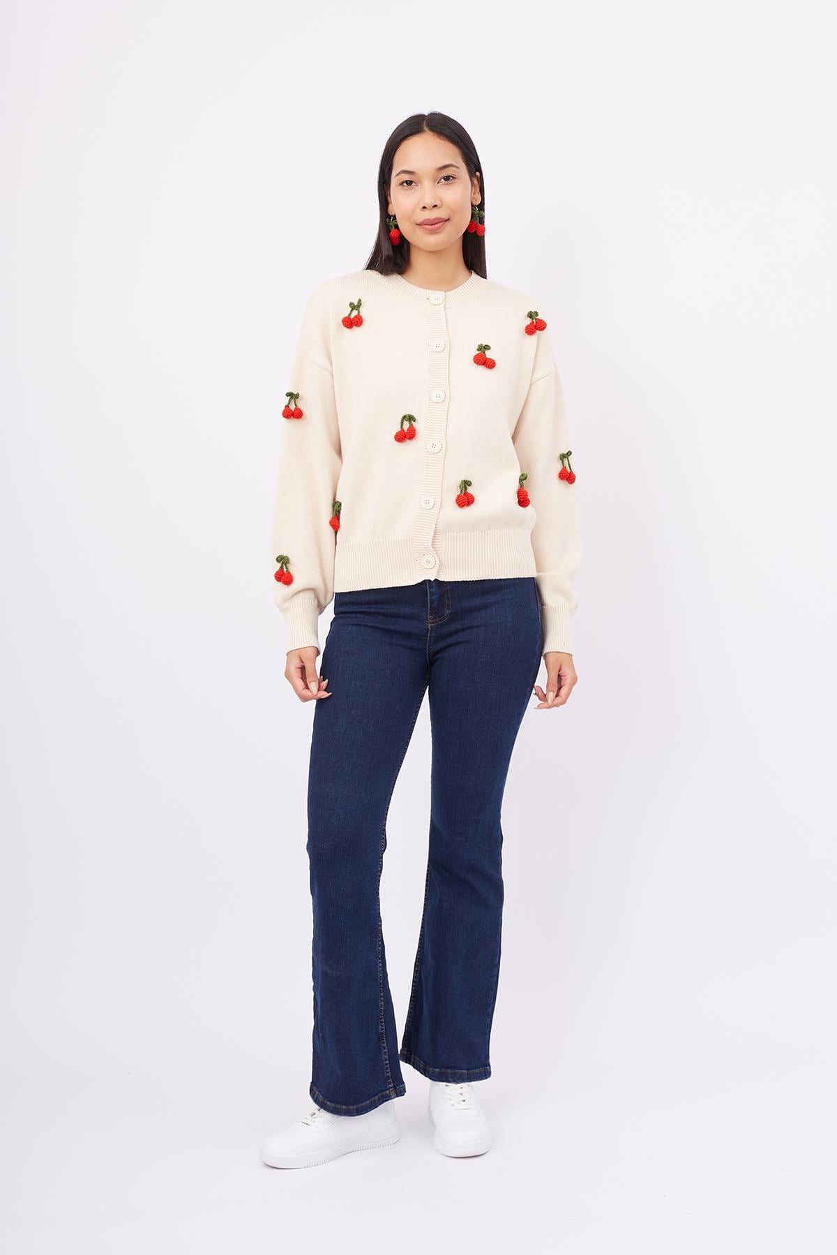 Peraluna Cherry Cardigan Organik Pamuk Kiraz İŞlemeli Kadın Hırka - Krem