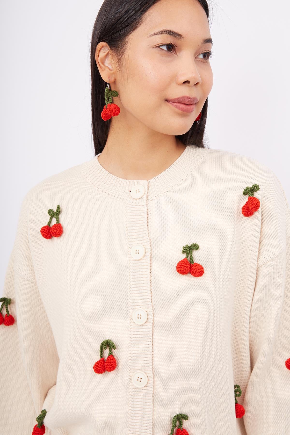 Peraluna Cherry Cardigan Organik Pamuk Kiraz İŞlemeli Kadın Hırka - Krem