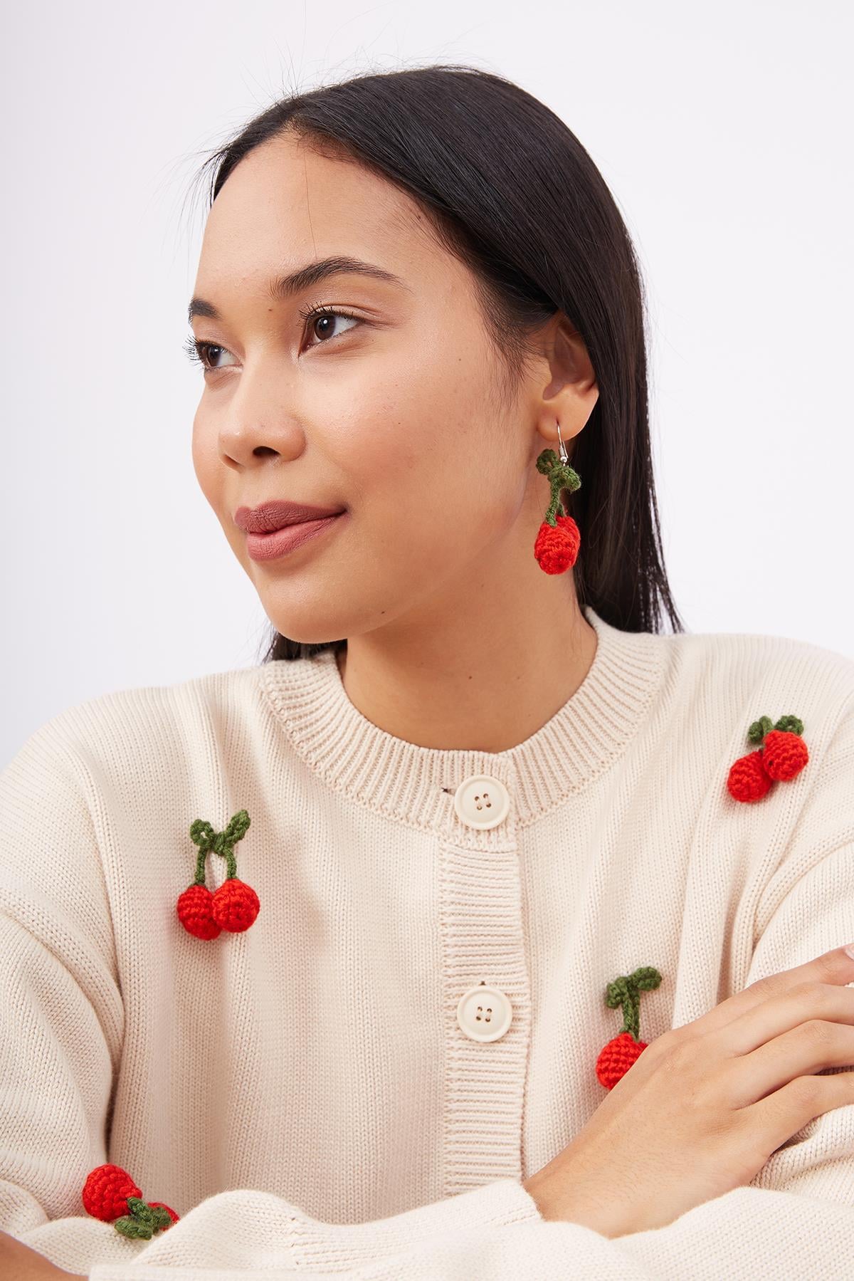 Peraluna Cherry Cardigan Organik Pamuk Kiraz İŞlemeli Kadın Hırka - Krem