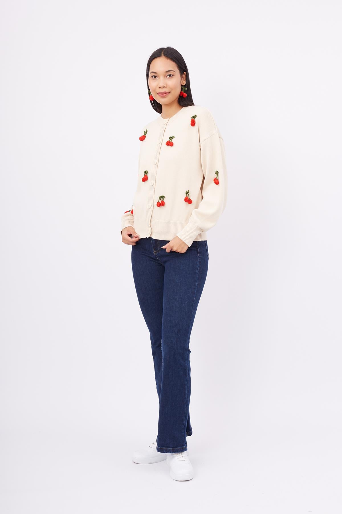 Peraluna Cherry Cardigan Organik Pamuk Kiraz İŞlemeli Kadın Hırka - Krem