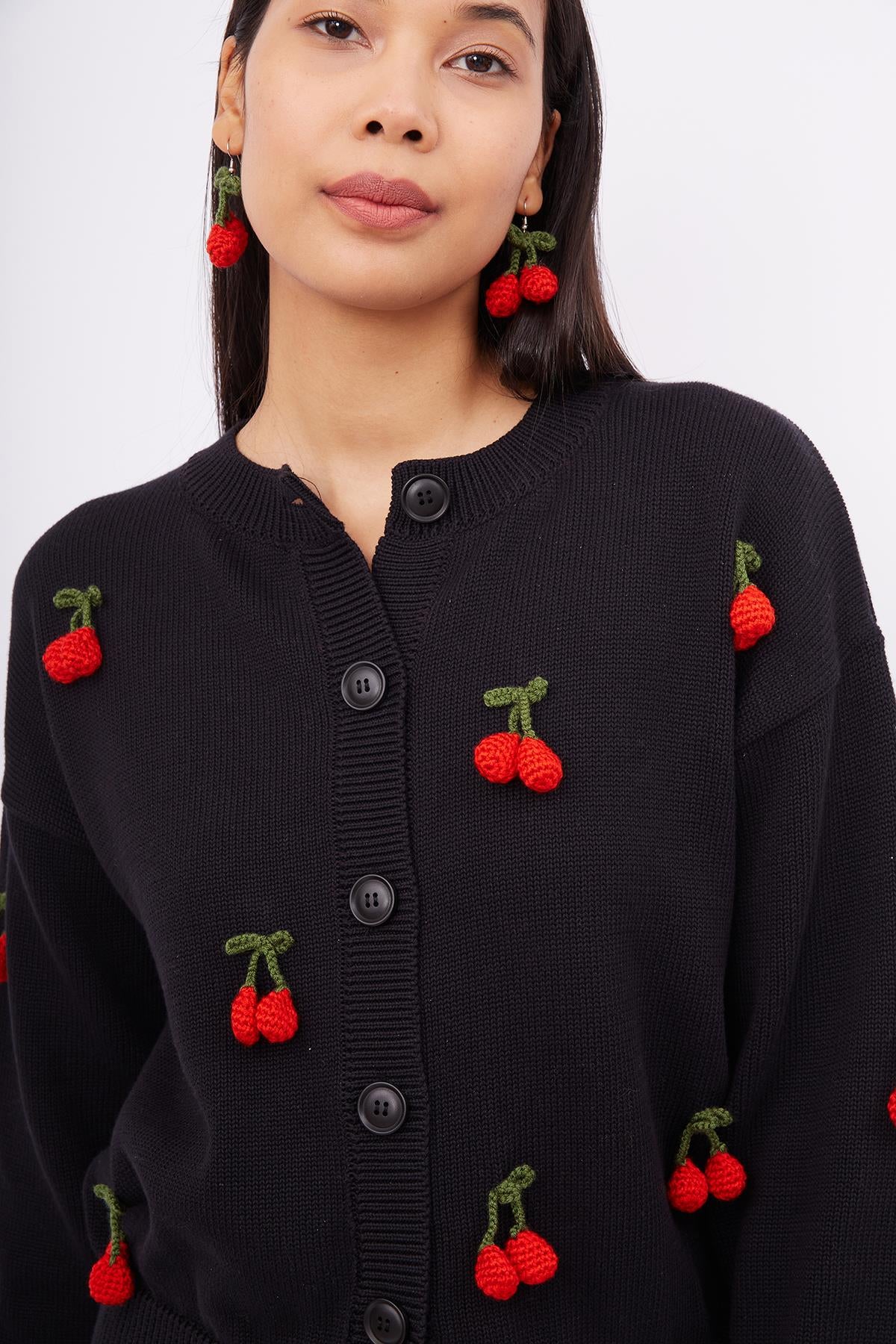 Peraluna Cherry Cardigan Organik Pamuk Kiraz İŞlemeli Kadın Hırka - Siyah