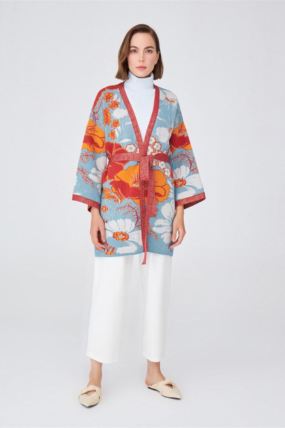 Peraluna-Çicek Desenli Bol Kesim Pamuklu Kadın Triko Kimono -Kimono-3-Milagron.com