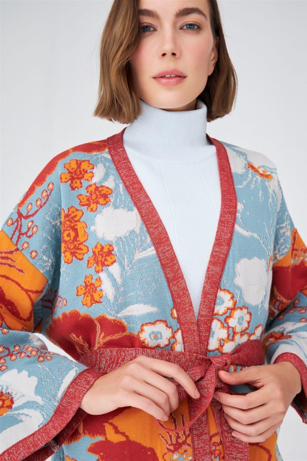 Peraluna-Çicek Desenli Bol Kesim Pamuklu Kadın Triko Kimono -Kimono-5-Milagron.com