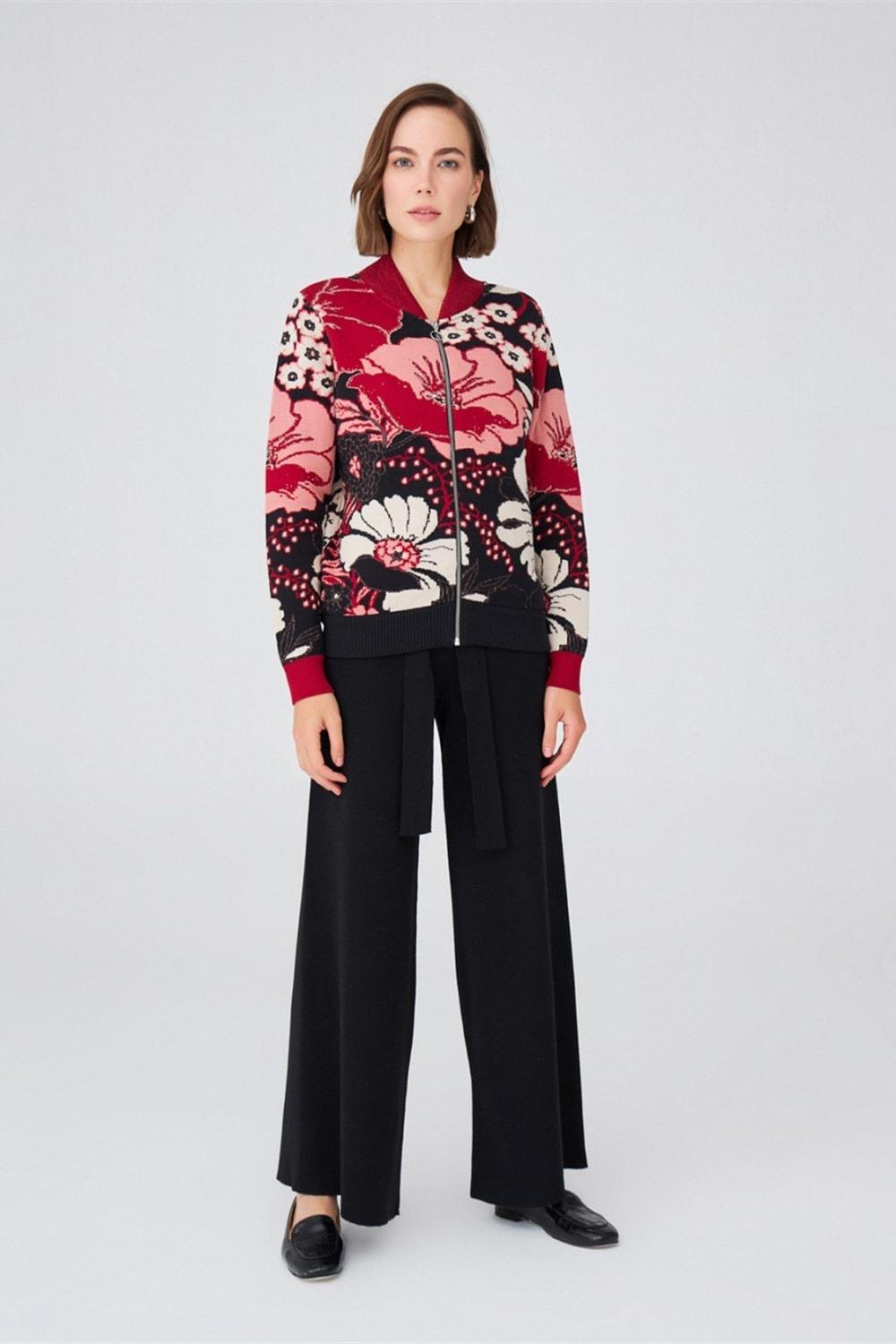 Peraluna-Çiçek Desenli Fermuarlı Organik Pamuk Kadın Triko Ceket-Ceket-1-Milagron.com