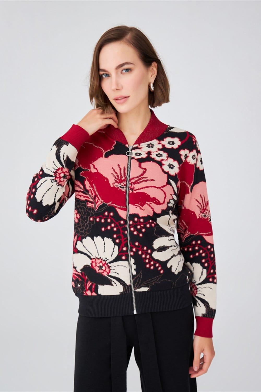 Peraluna-Çiçek Desenli Fermuarlı Organik Pamuk Kadın Triko Ceket-Ceket-2-Milagron.com