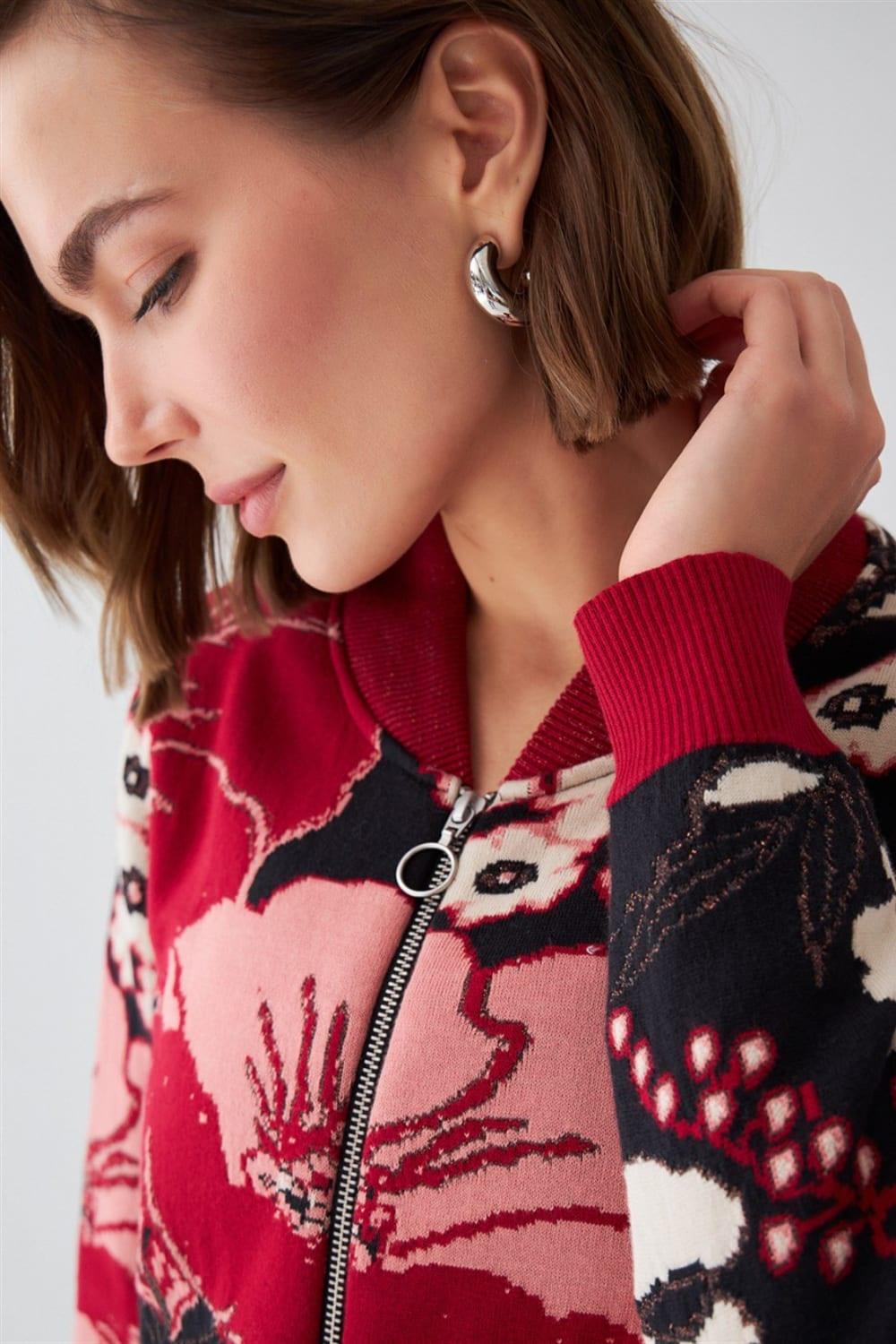 Peraluna-Çiçek Desenli Fermuarlı Organik Pamuk Kadın Triko Ceket-Ceket-4-Milagron.com